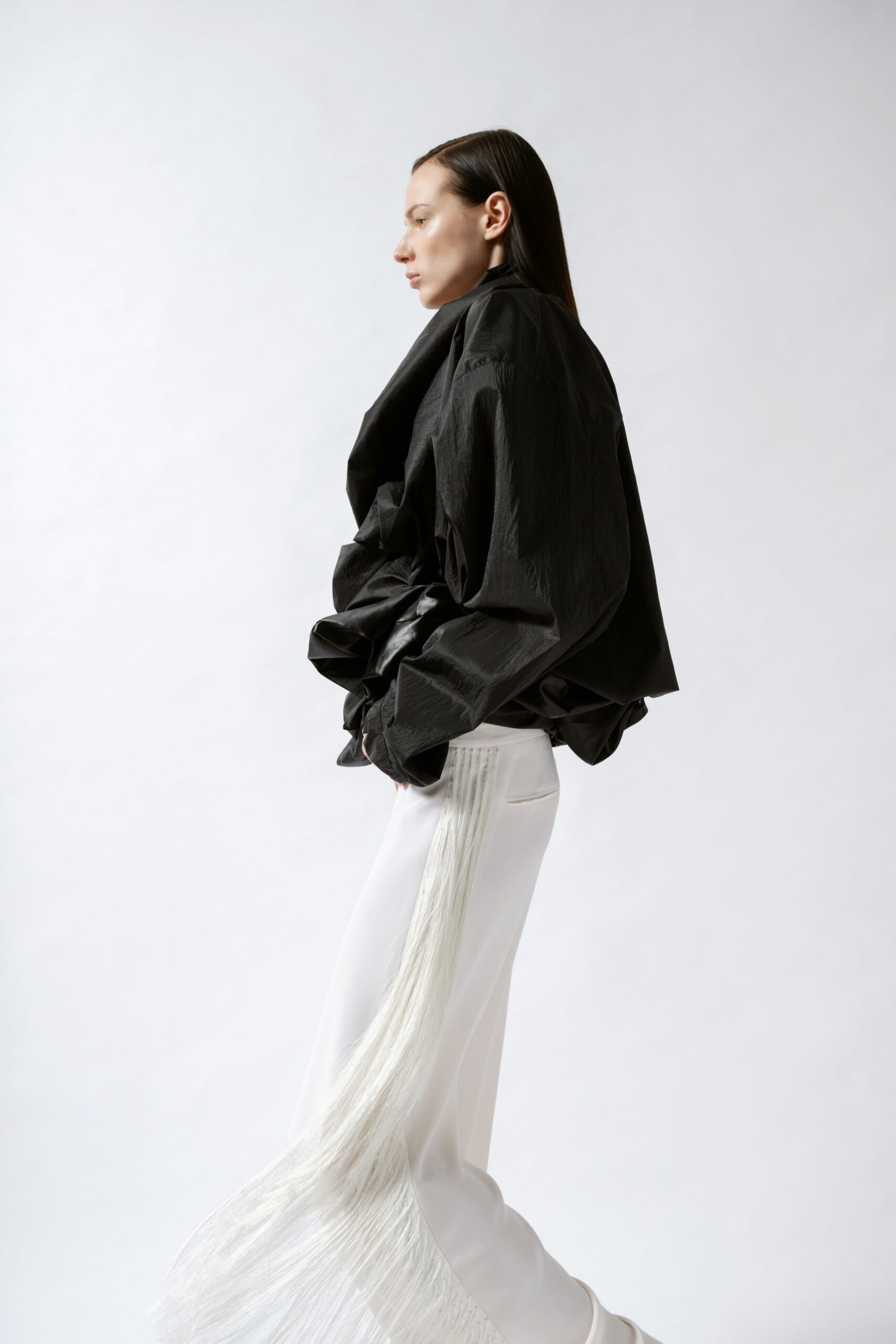 black cotton long-sleeve collared oversized ruffled jacket