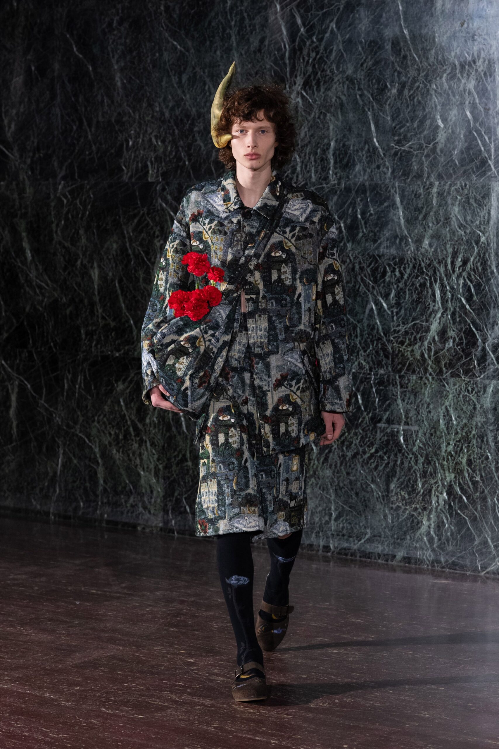black cotton long-sleeve collared oversized printed midi coat