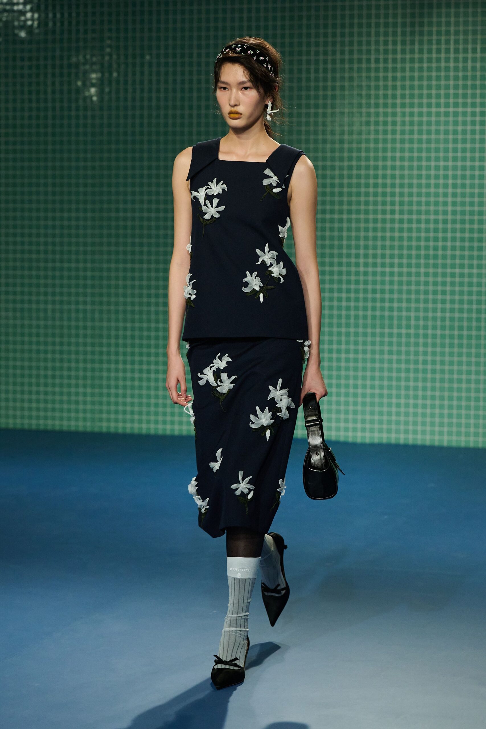 blue embroidered top and skirt