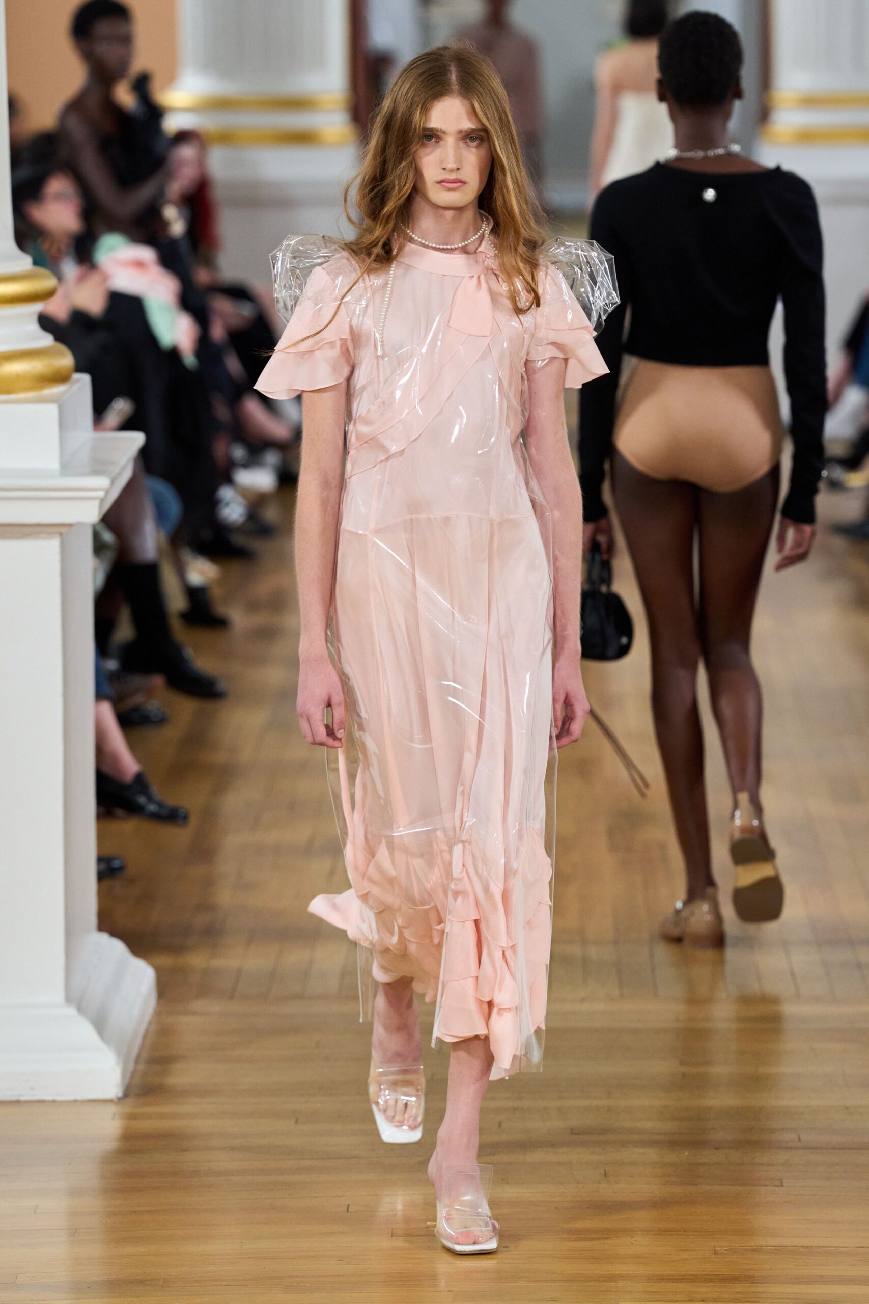 pink vinyl short-sleeve v-neck fitted ruffled tiered dress