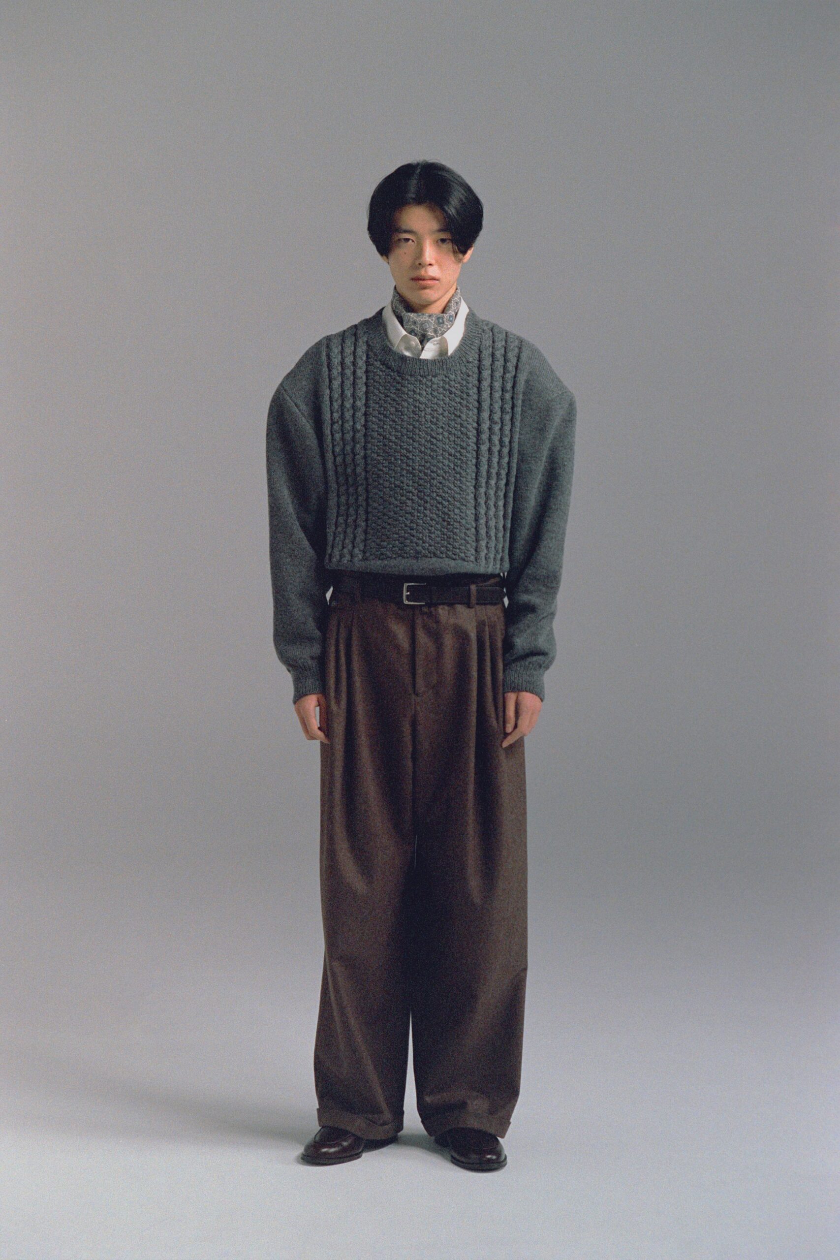 gray wool long-sleeve collared oversized ribbed sweater