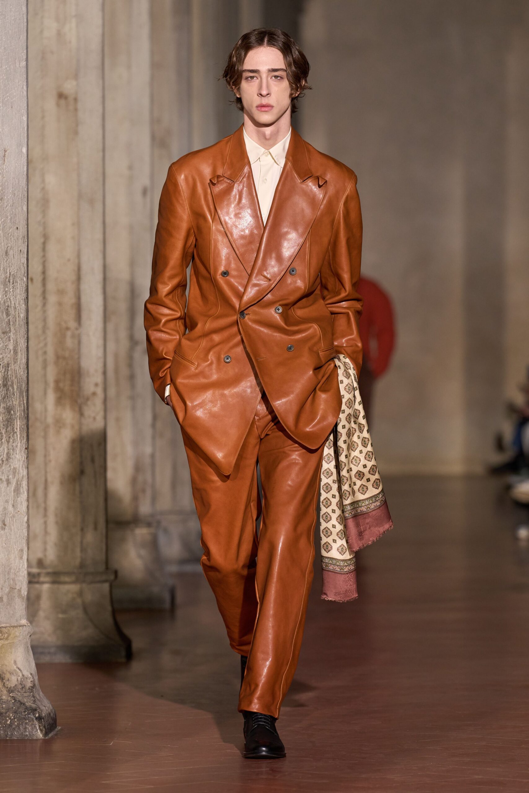brown leather long-sleeve collared tailored suit