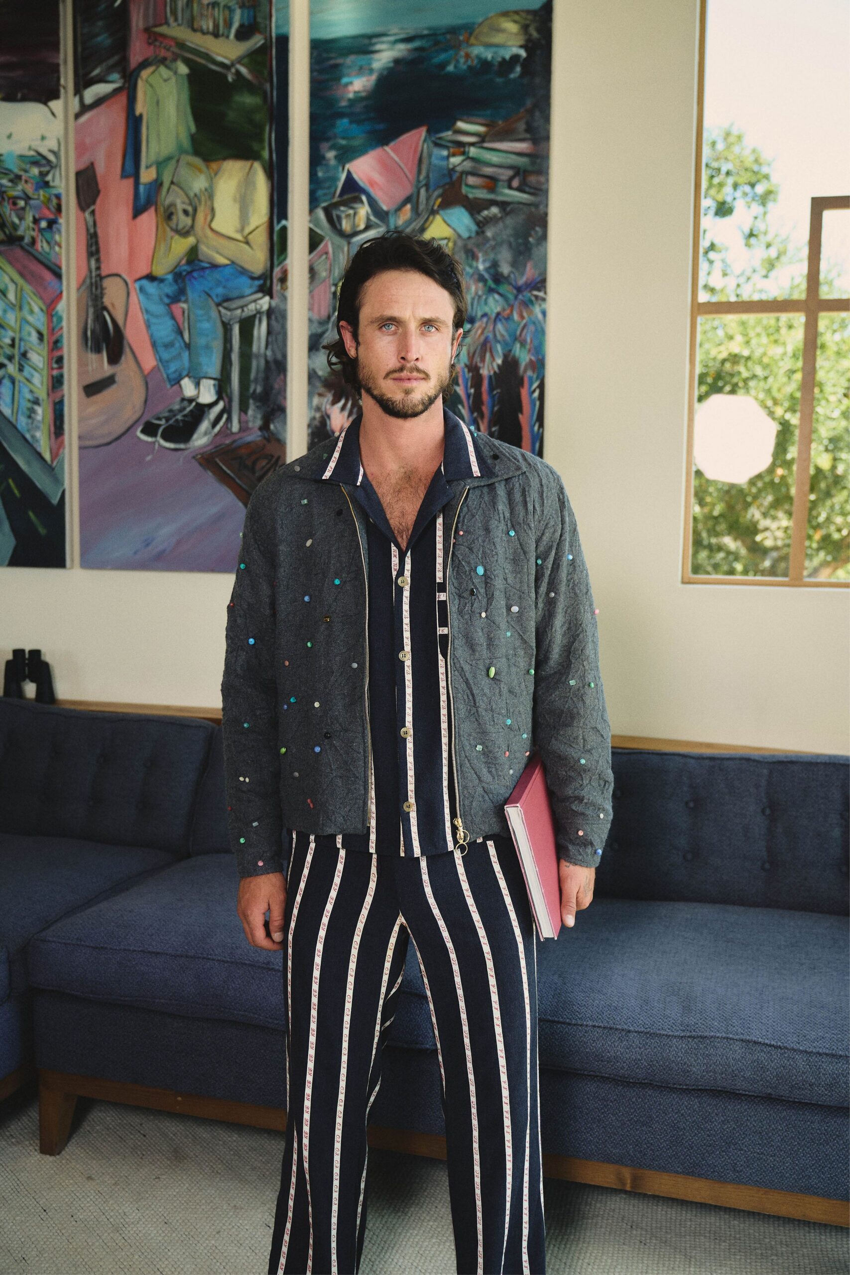 gray jacket with striped pants