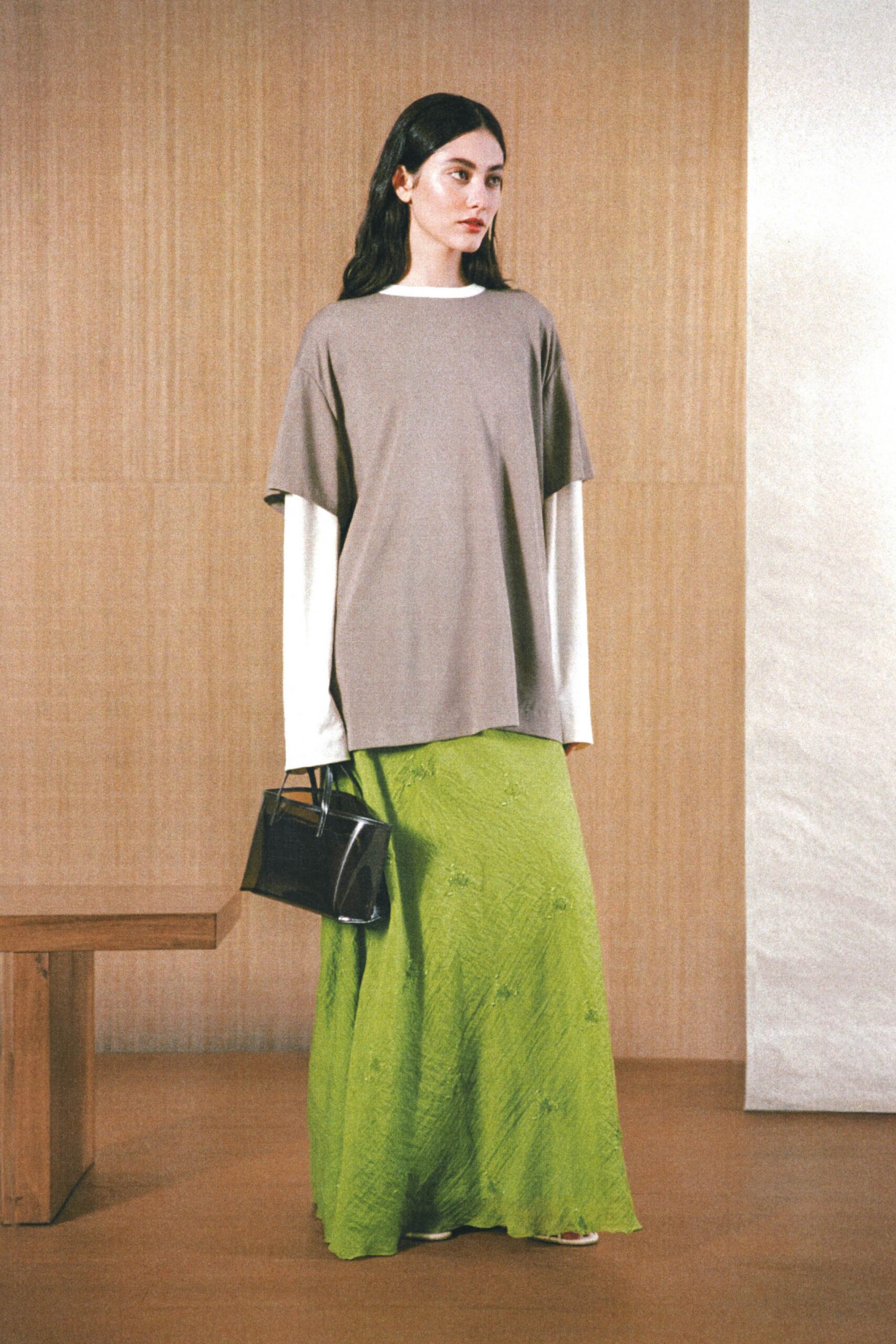green silk fitted tiered flowing maxi skirt