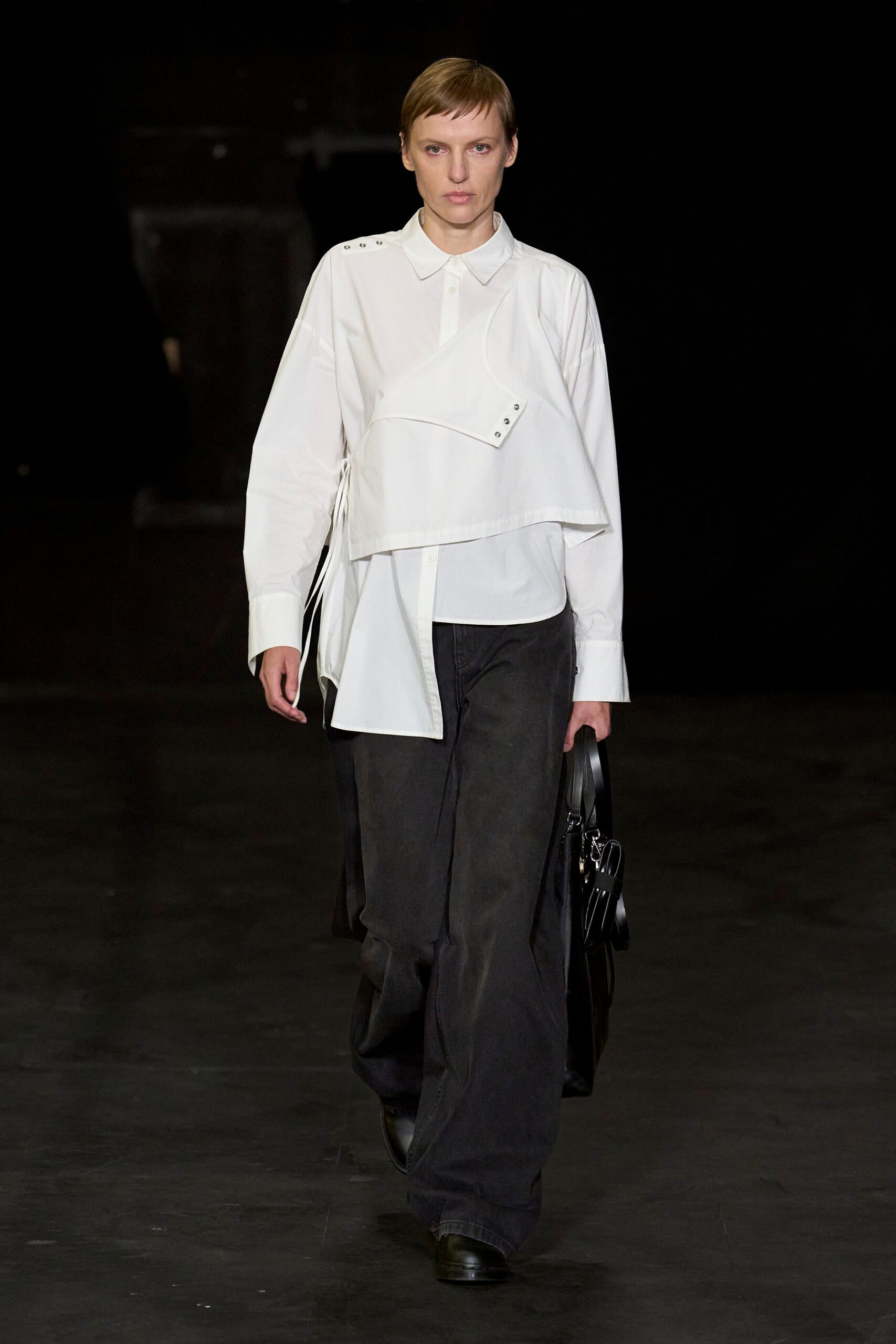 white cotton long-sleeve collared relaxed zippered shirt
