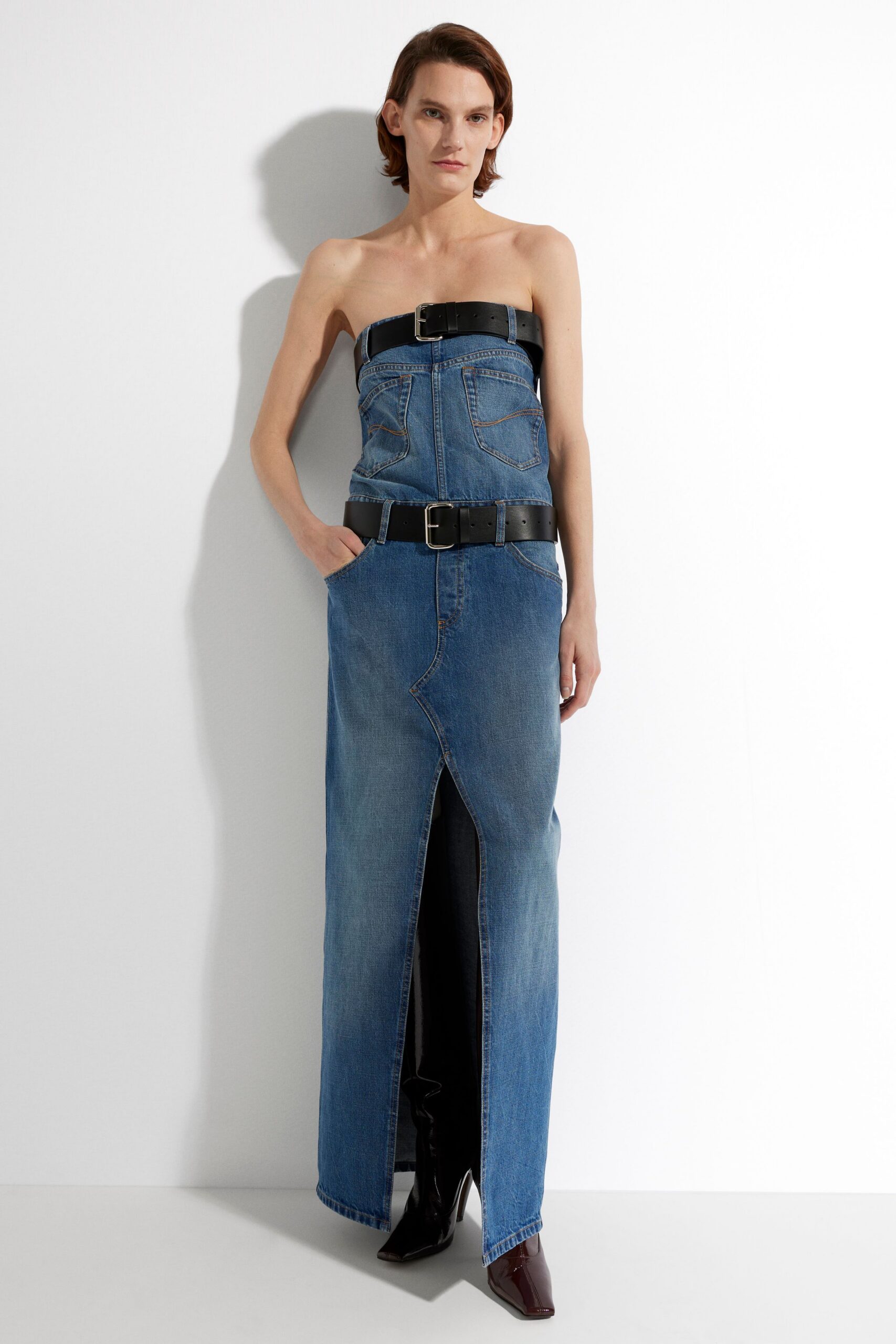 blue denim strapless slit fitted belted maxi dress
