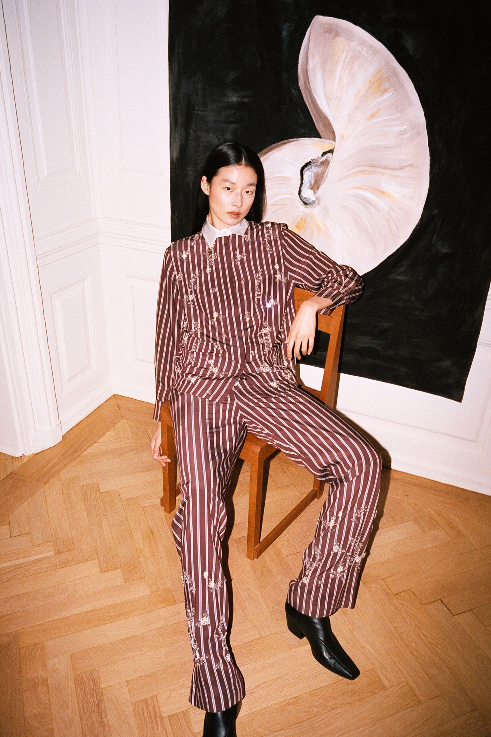 brown striped suit with boots