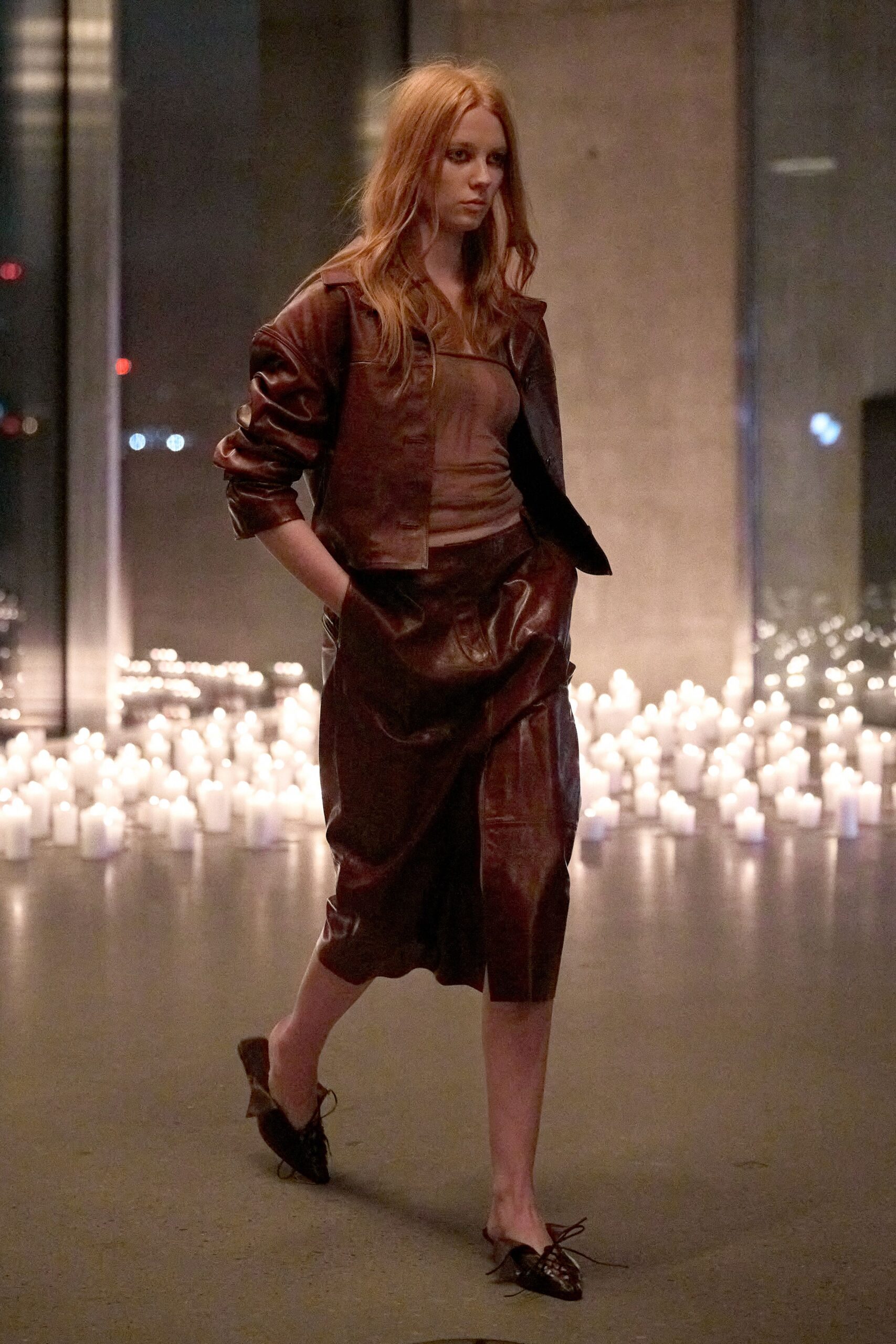 brown leather jacket and skirt