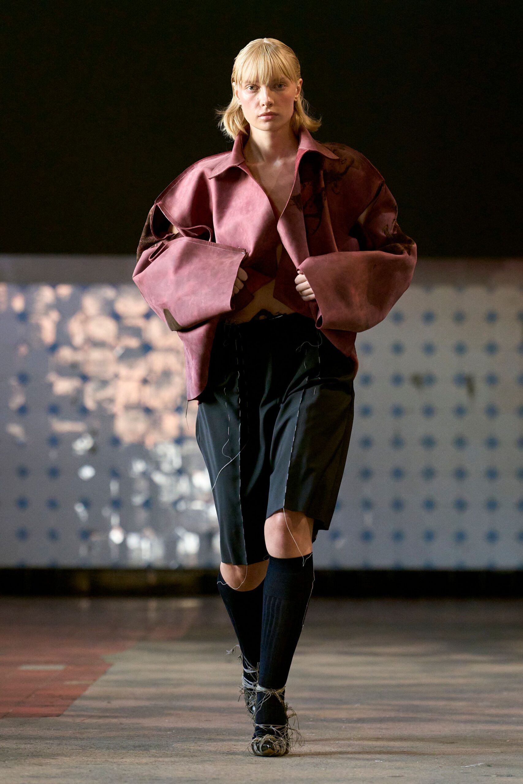 purple leather long-sleeve collared oversized draped jacket