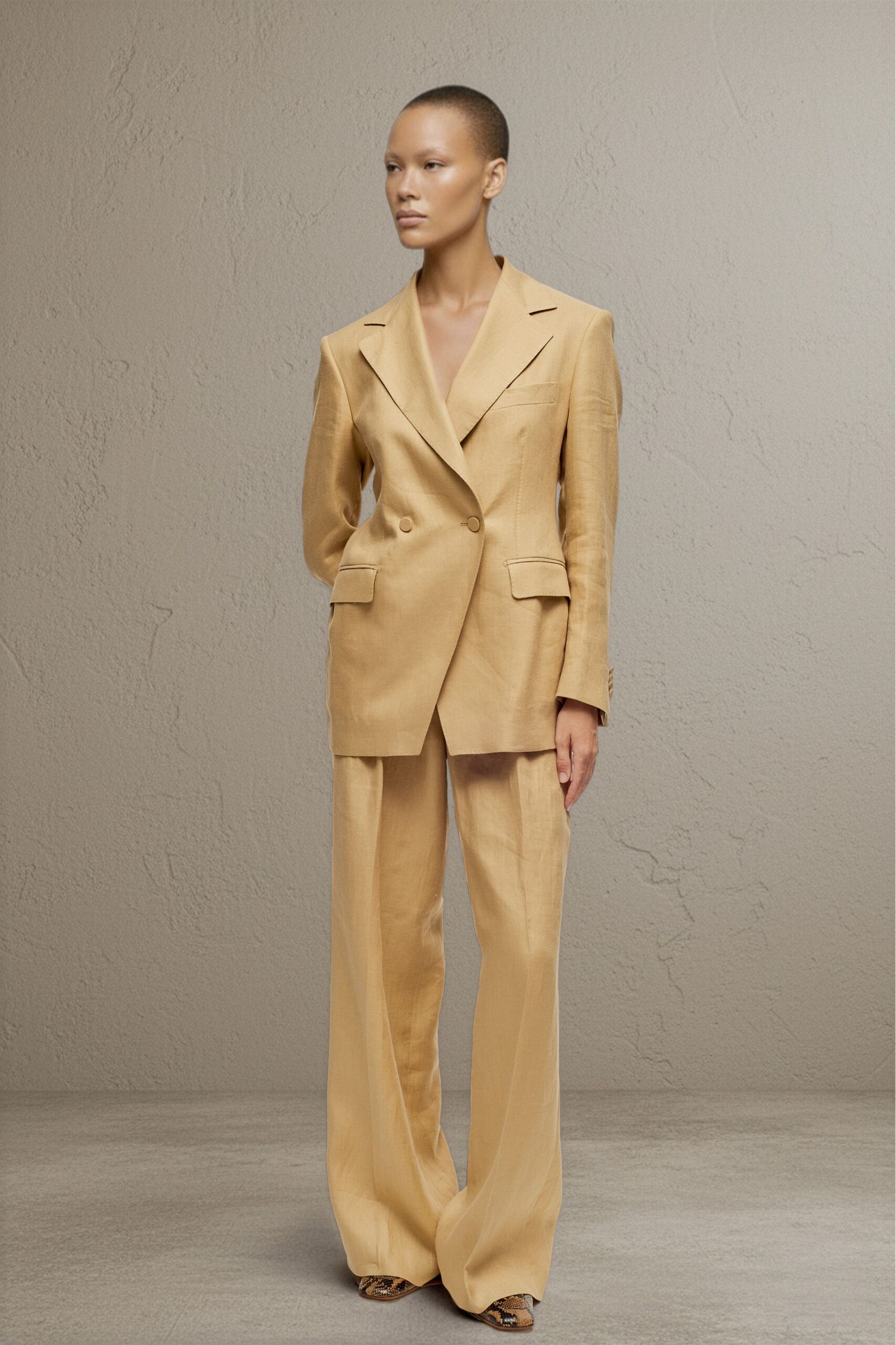 beige linen long-sleeve collared tailored blazer