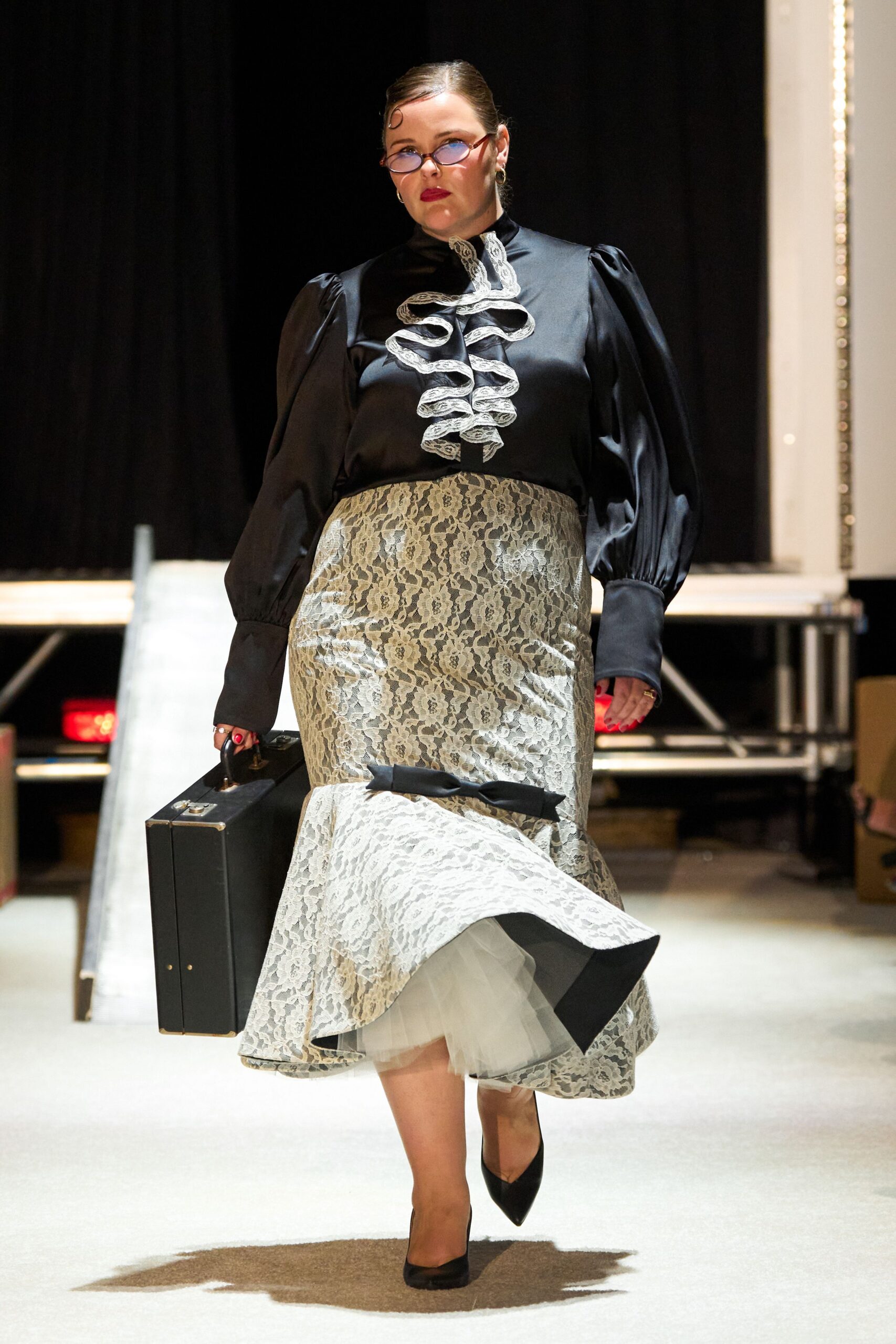 black silk blouse gray lace skirt