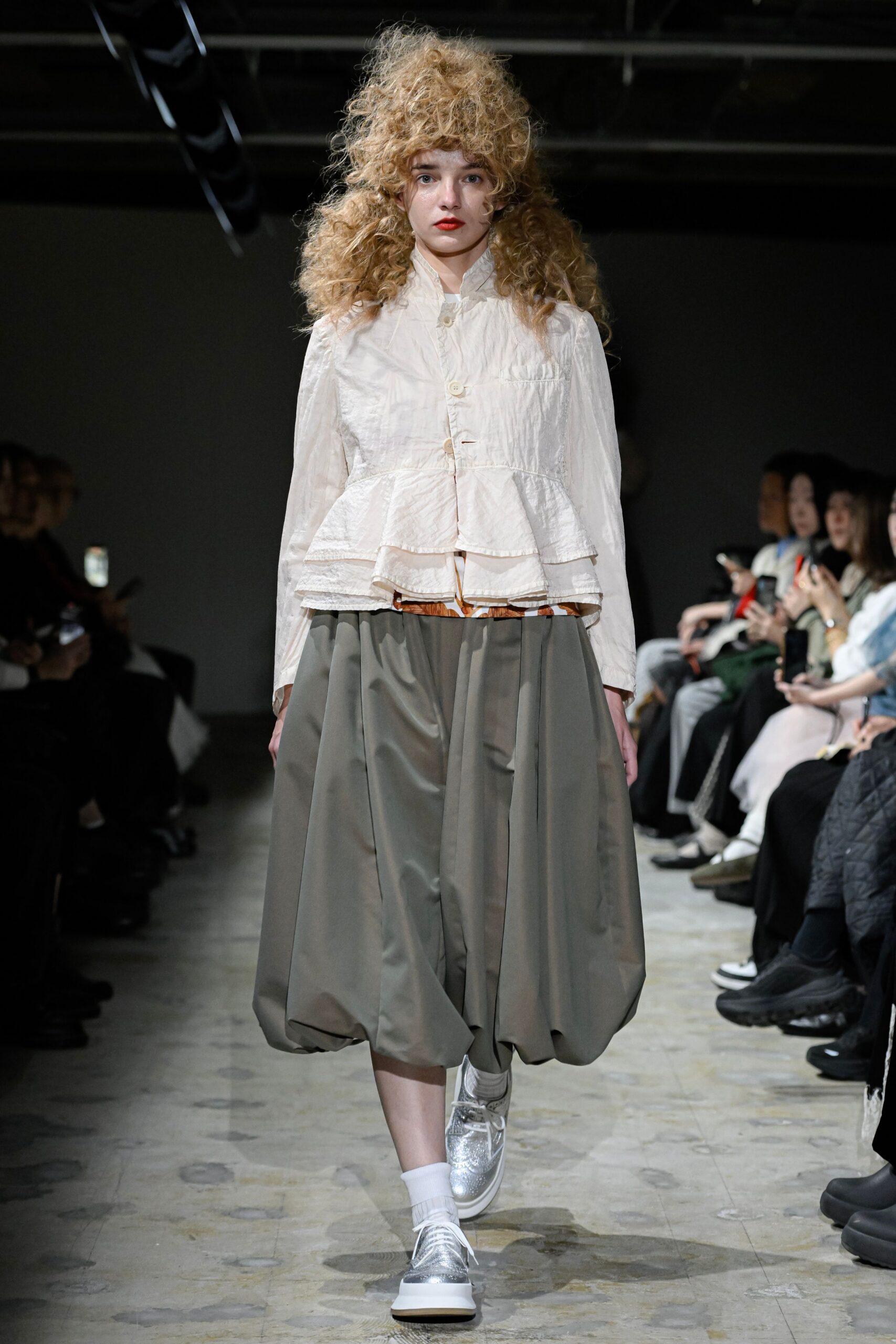 white blouse gray skirt