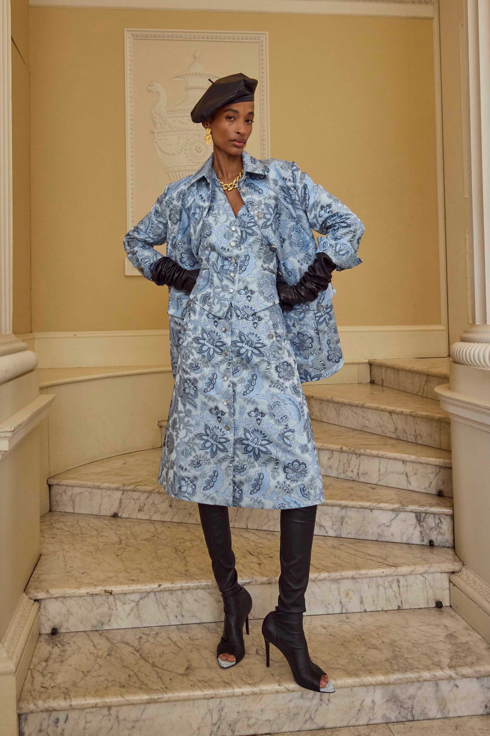 blue cotton long-sleeve collared relaxed printed jacket