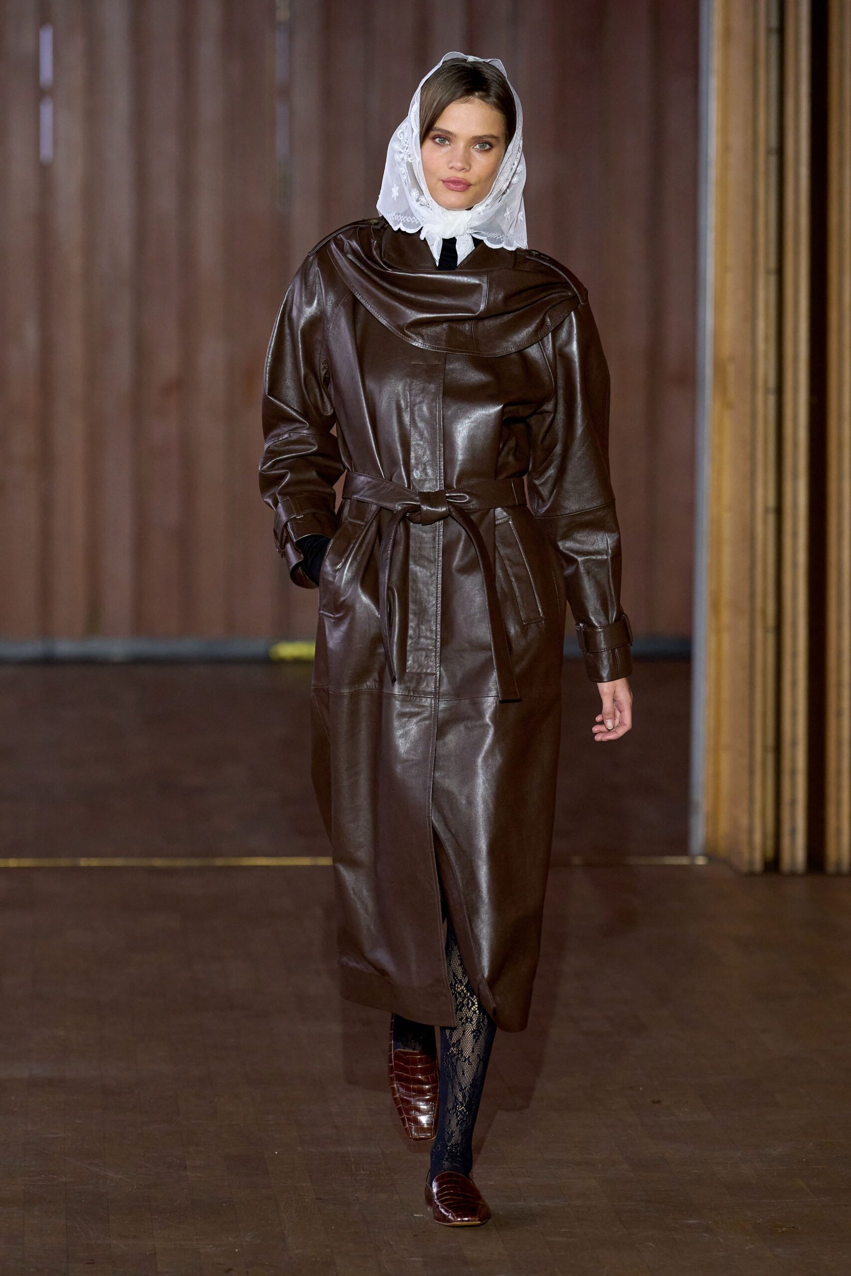 brown leather long-sleeve collared fitted belted midi coat