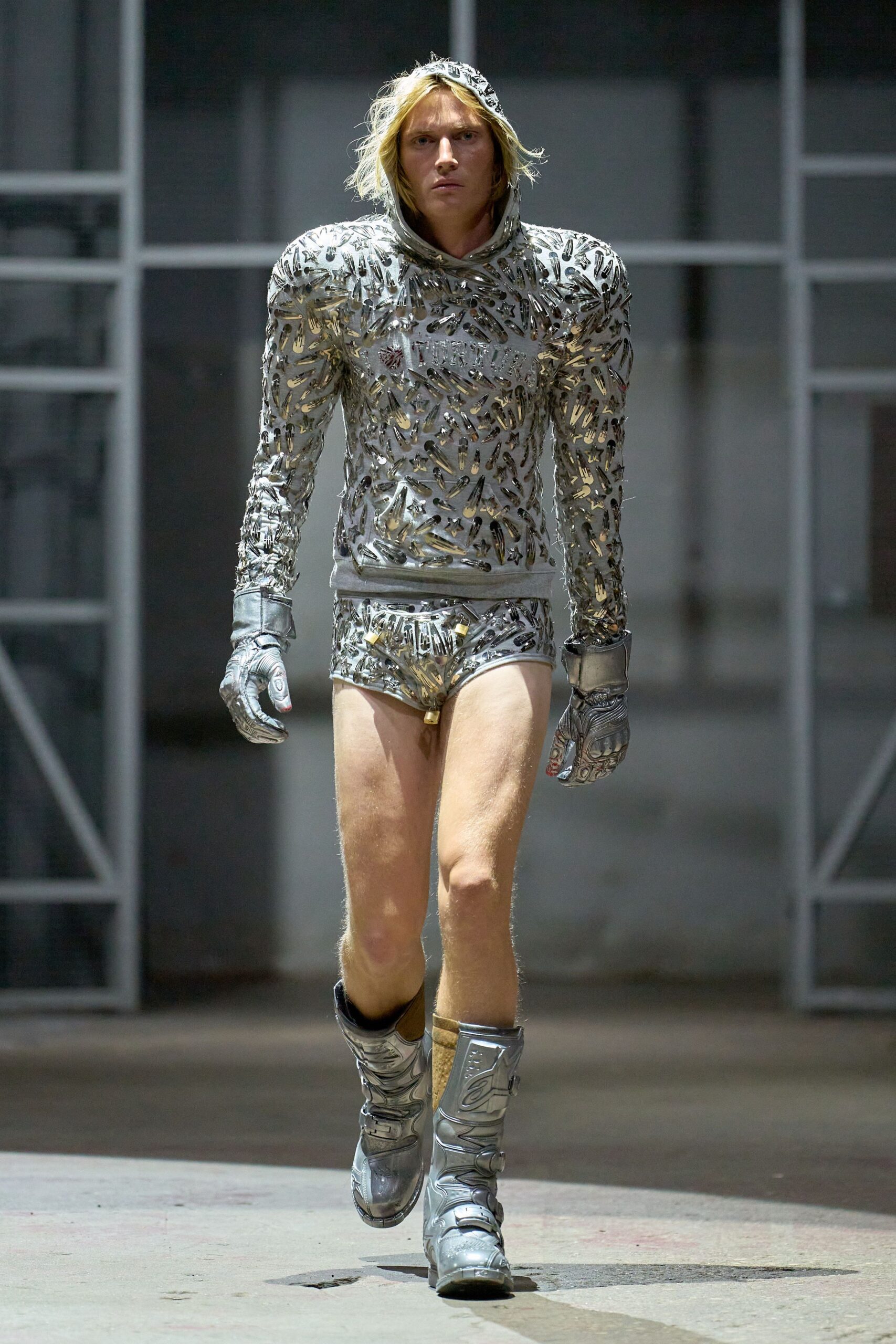 gray metallic long-sleeve high-neck fitted embellished shiny catsuit