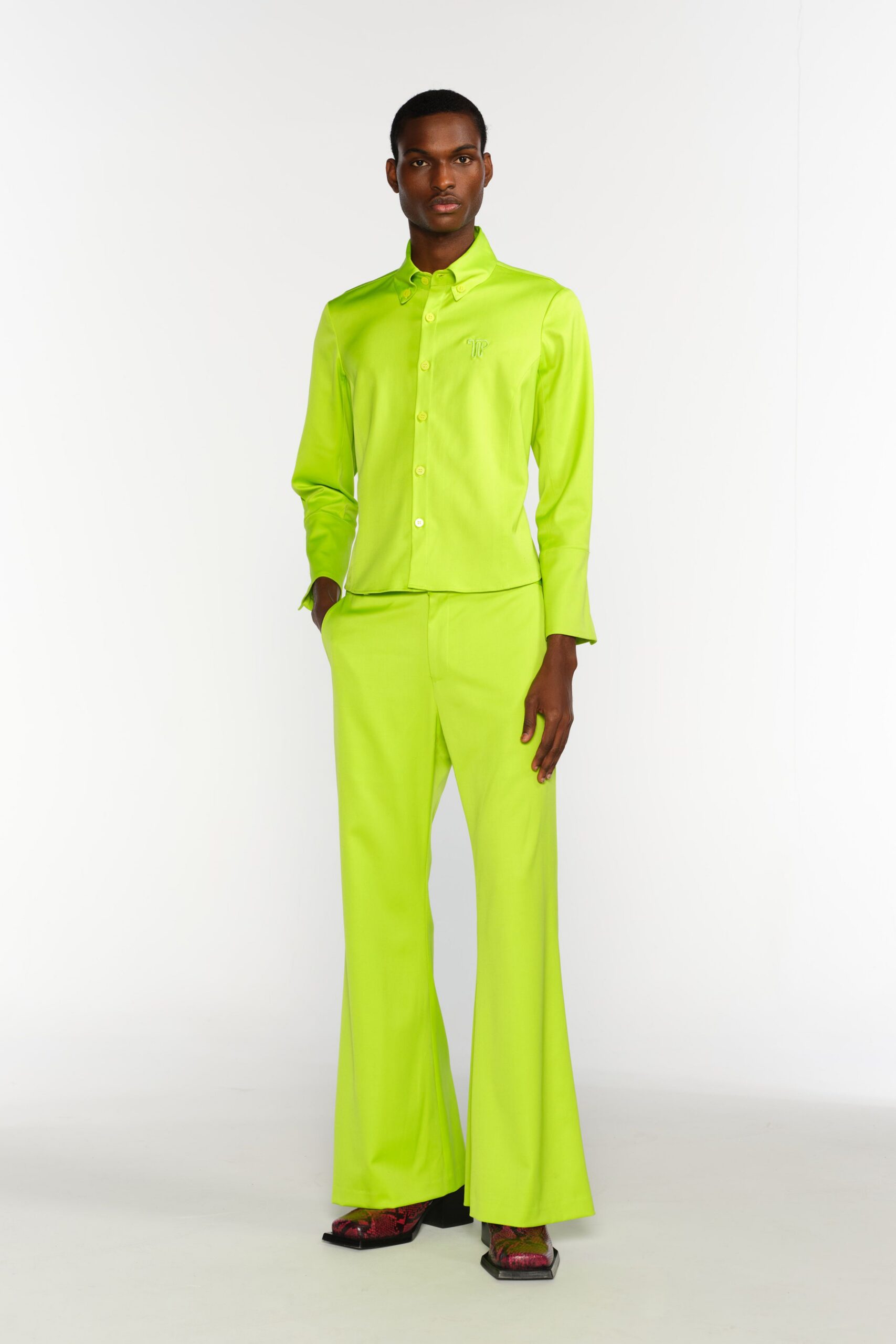 green cotton fitted flared pants