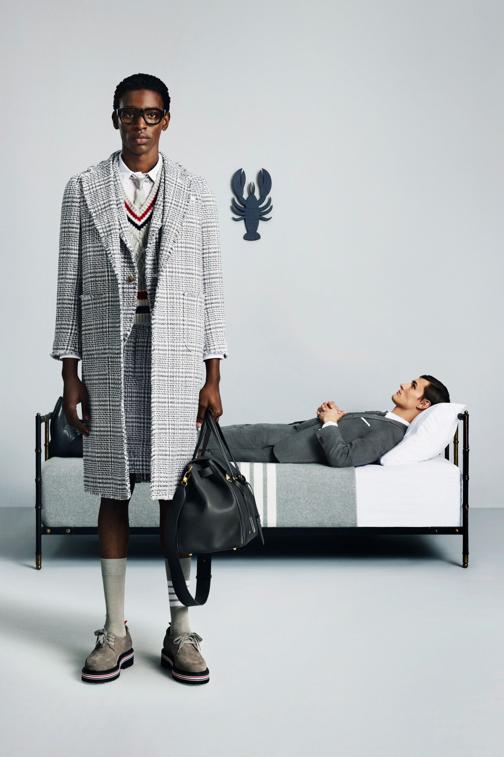 gray tweed long-sleeve collared relaxed checked midi coat