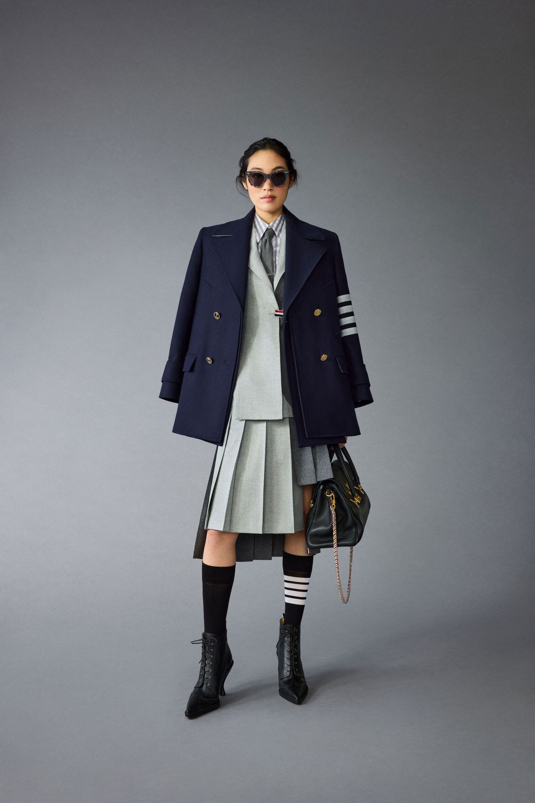 blue wool long-sleeve collared structured buttoned coat