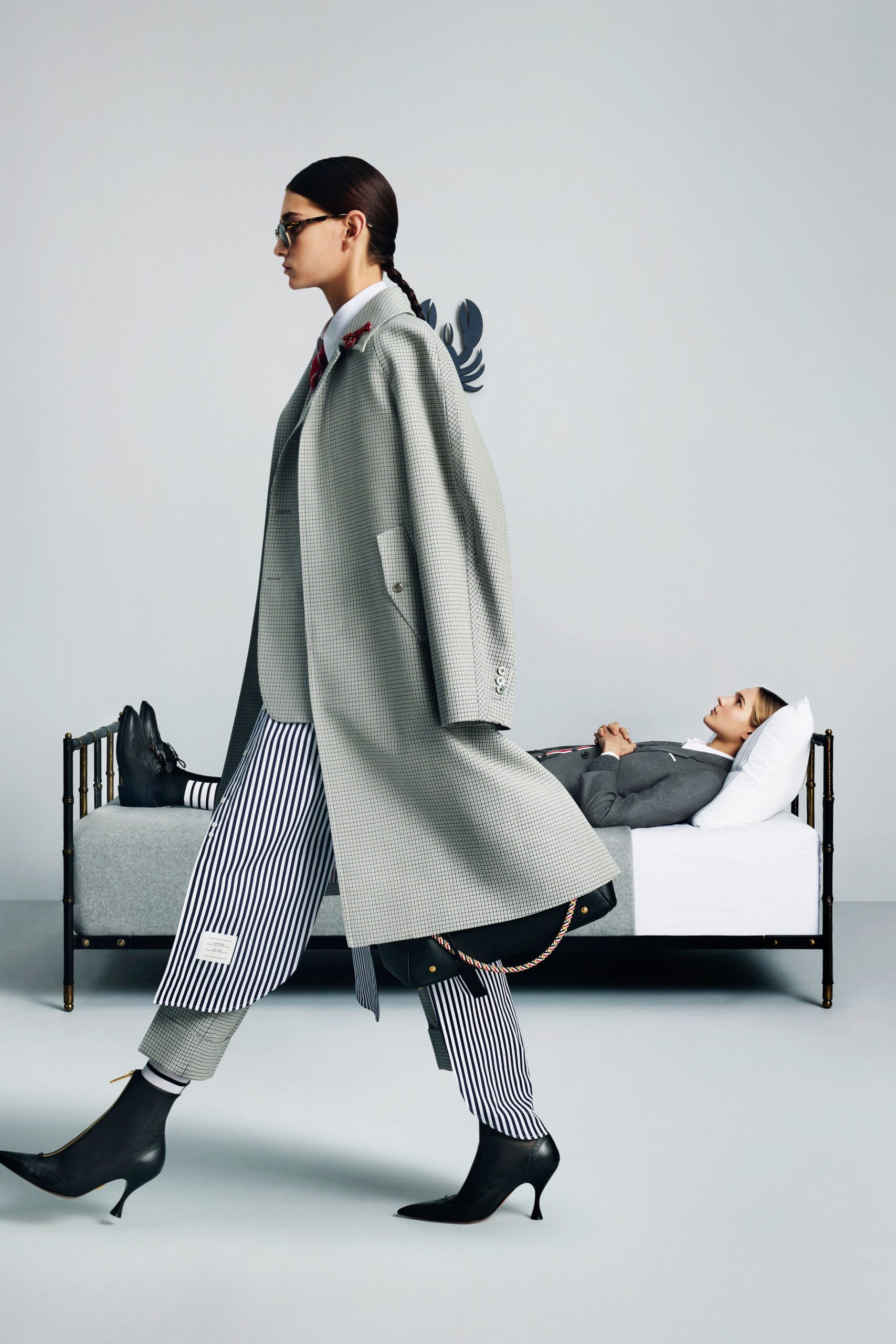 gray wool coat with striped pants