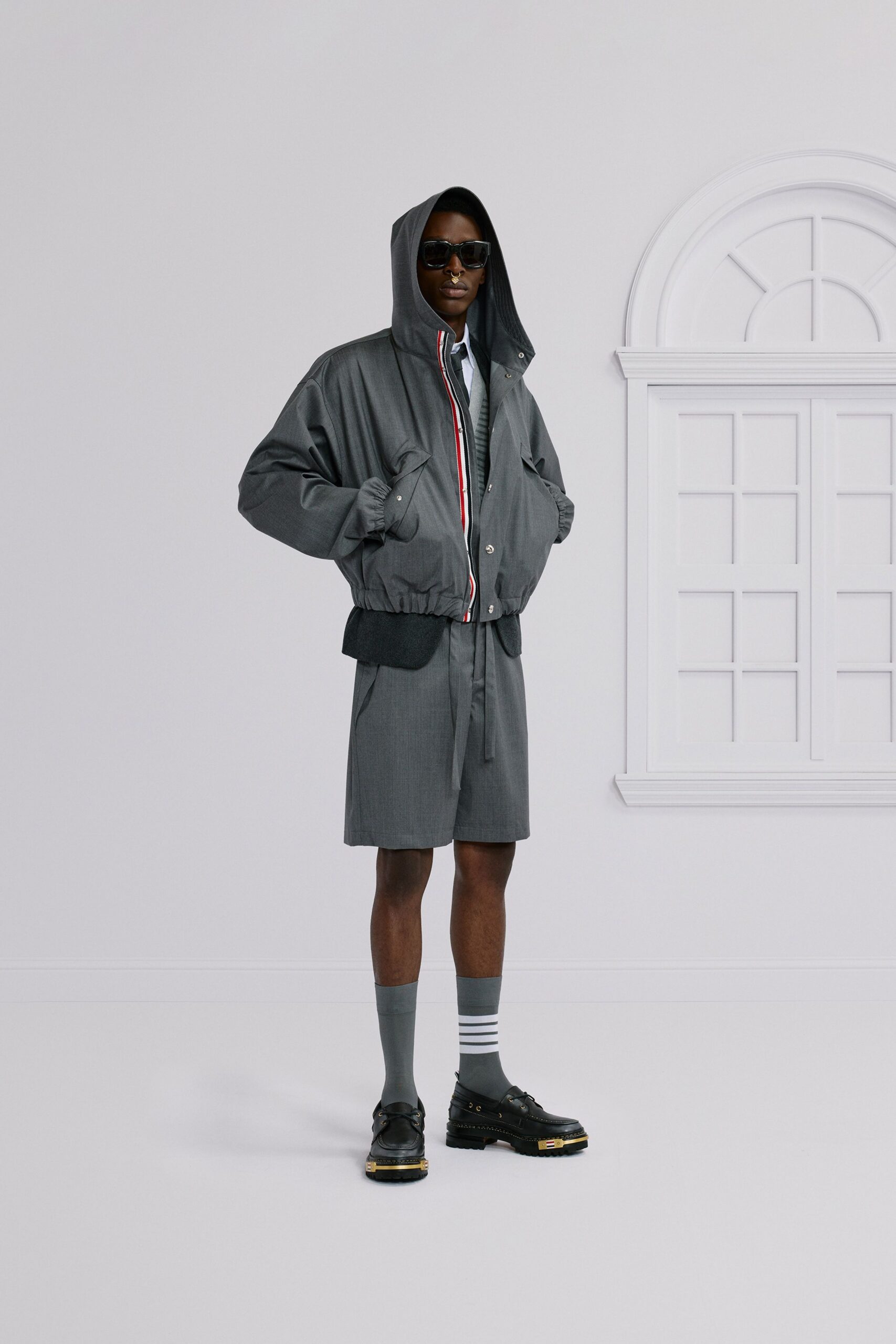 gray relaxed jacket with shorts