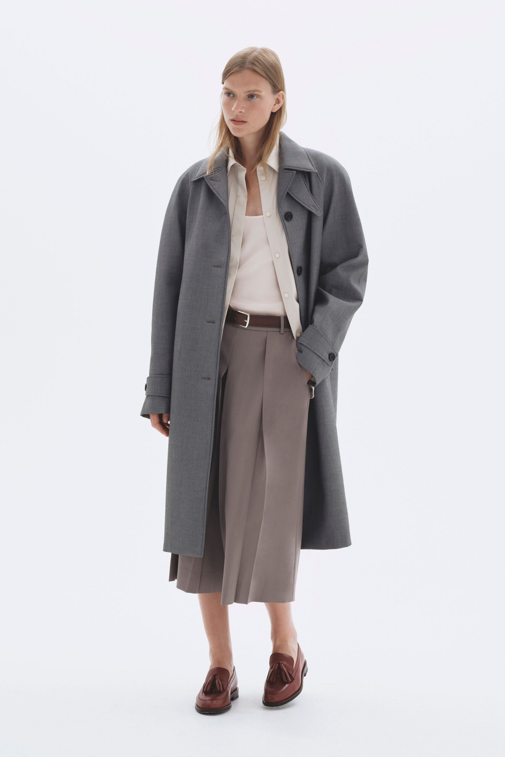 gray wool coat with beige skirt