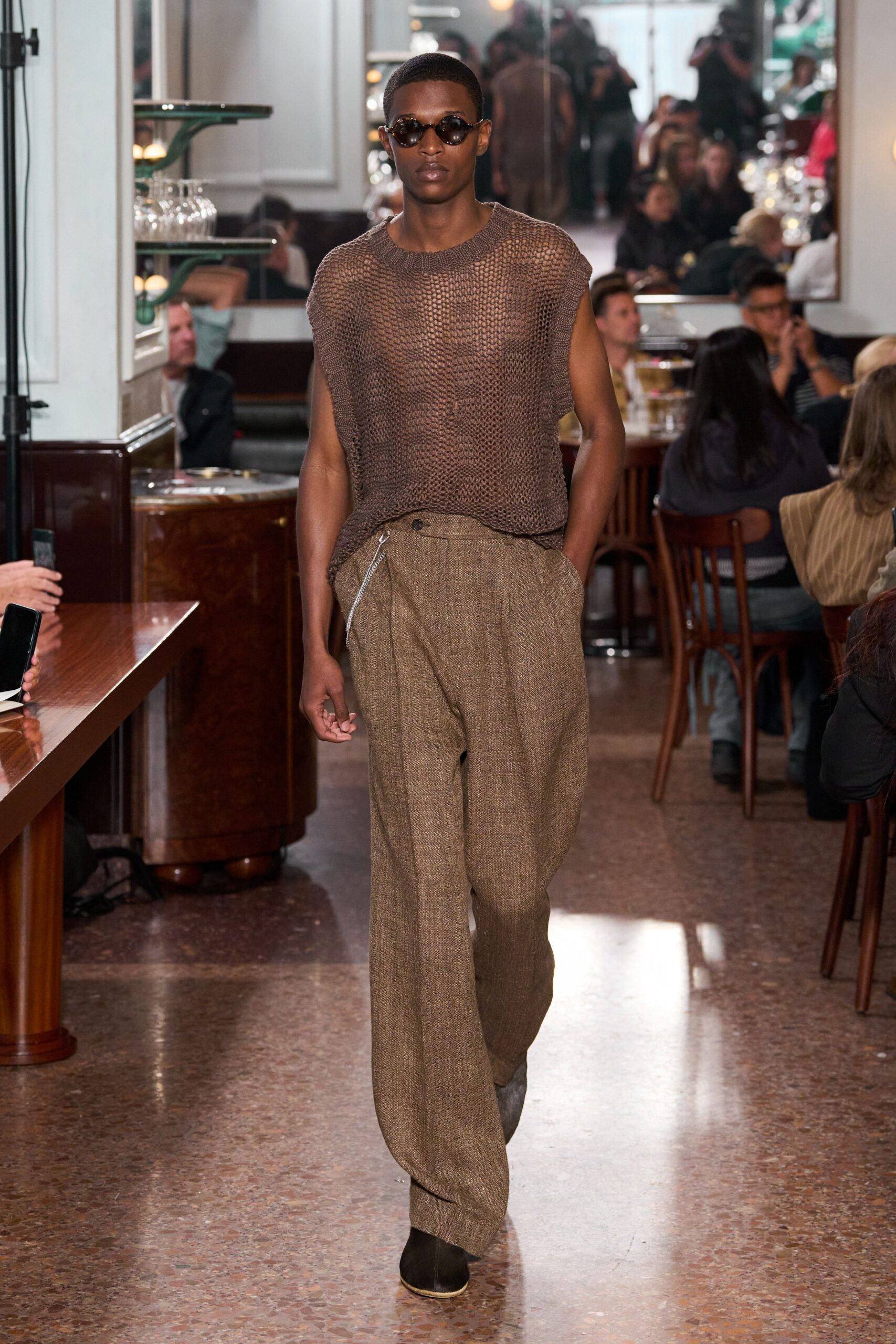 brown cotton sleeveless high-neck relaxed textured top