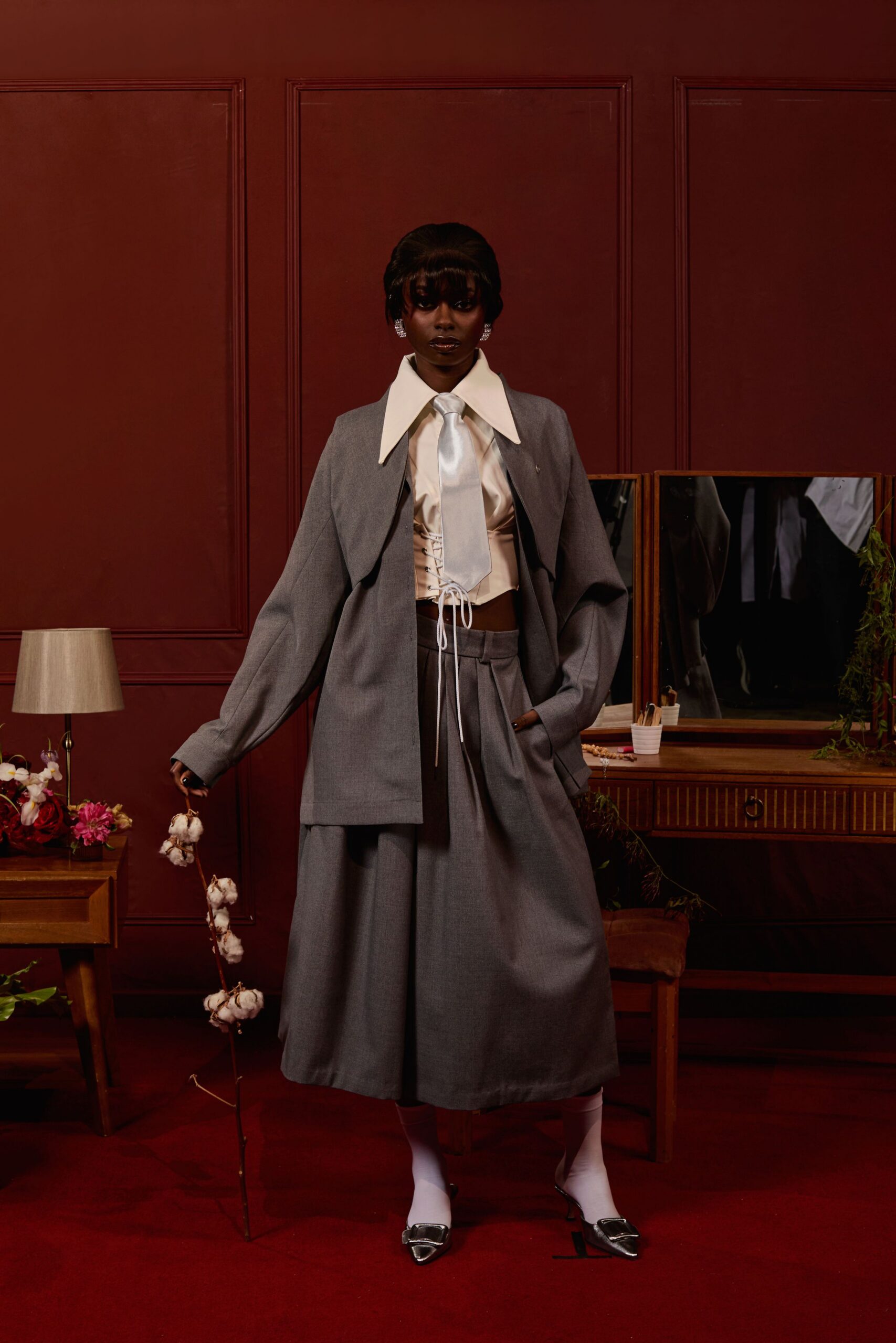 beige cotton long-sleeve collared fitted blouse