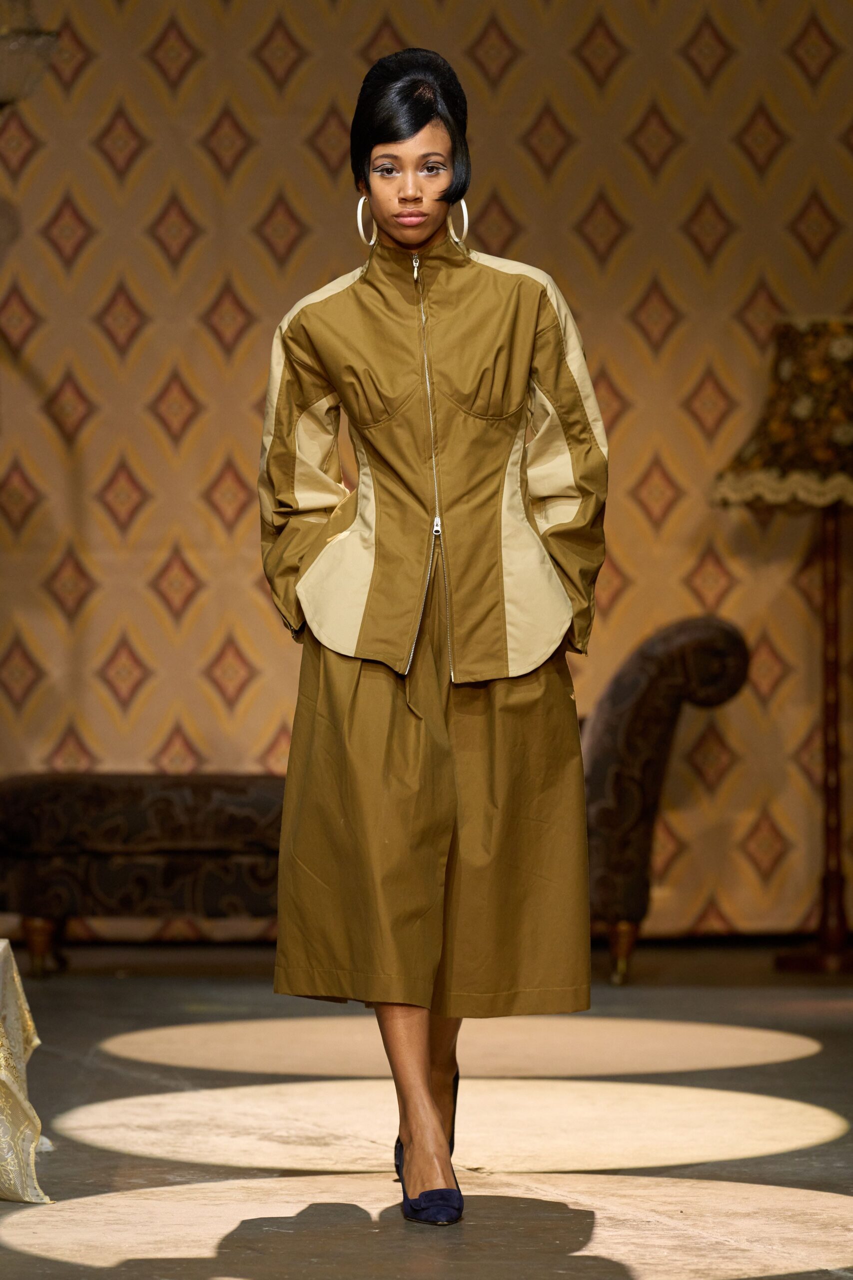 brown structured jacket with midi skirt