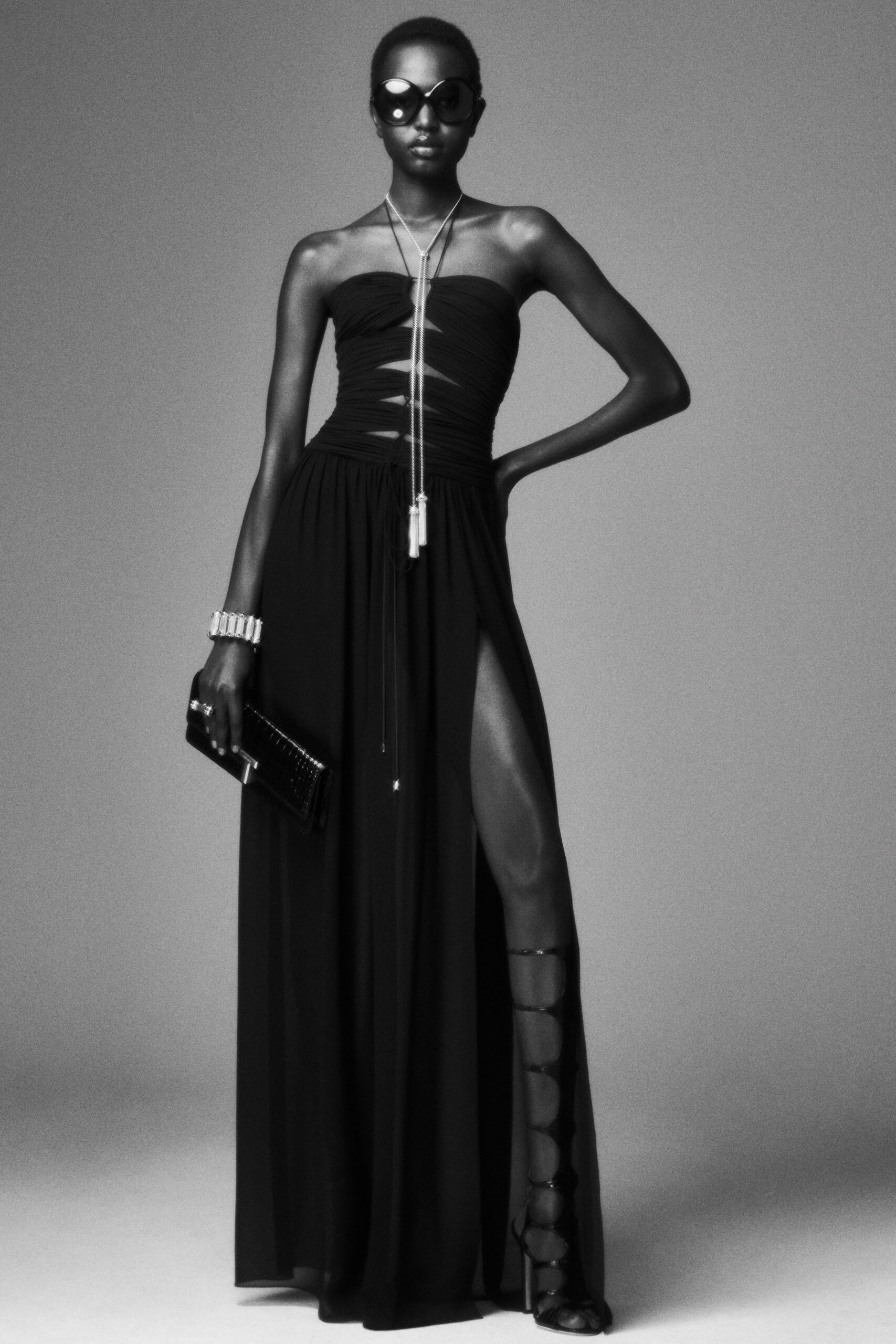 black silk strapless gown