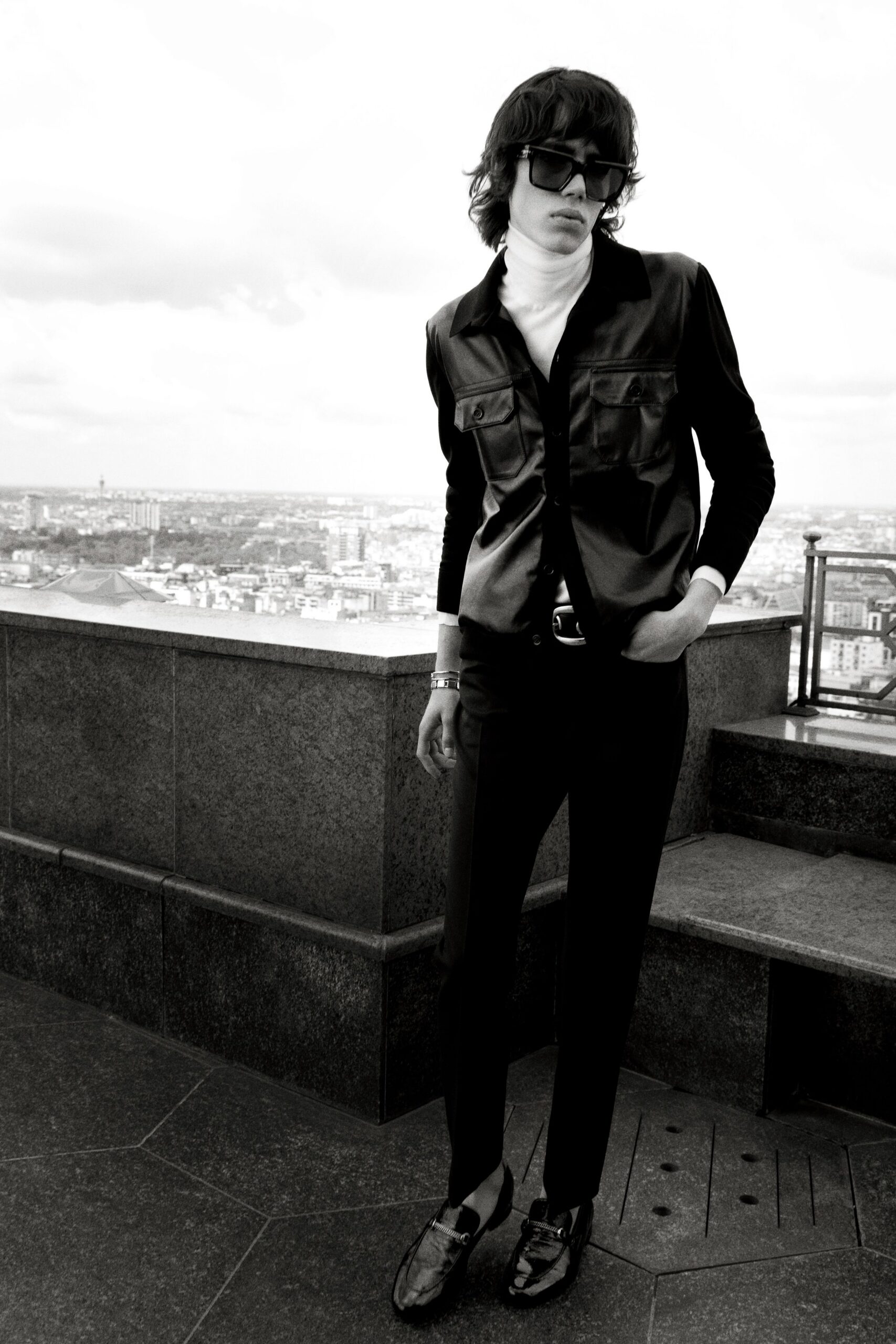 black fitted shirt and pants