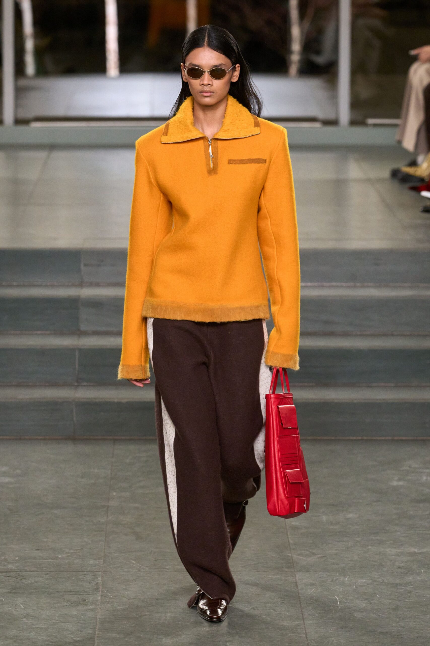 yellow wool long-sleeve collared relaxed zippered top