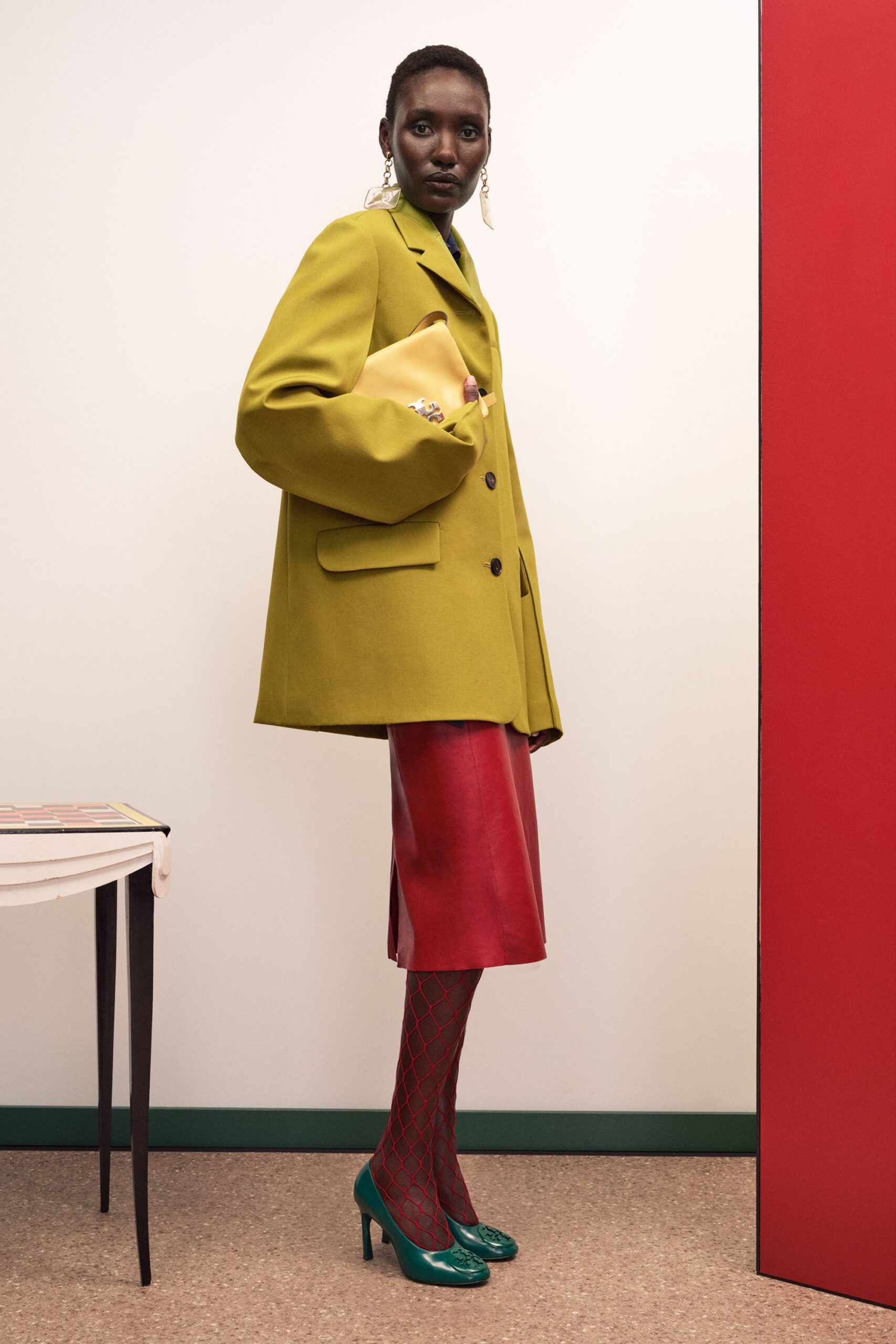 red leather fitted pencil midi skirt