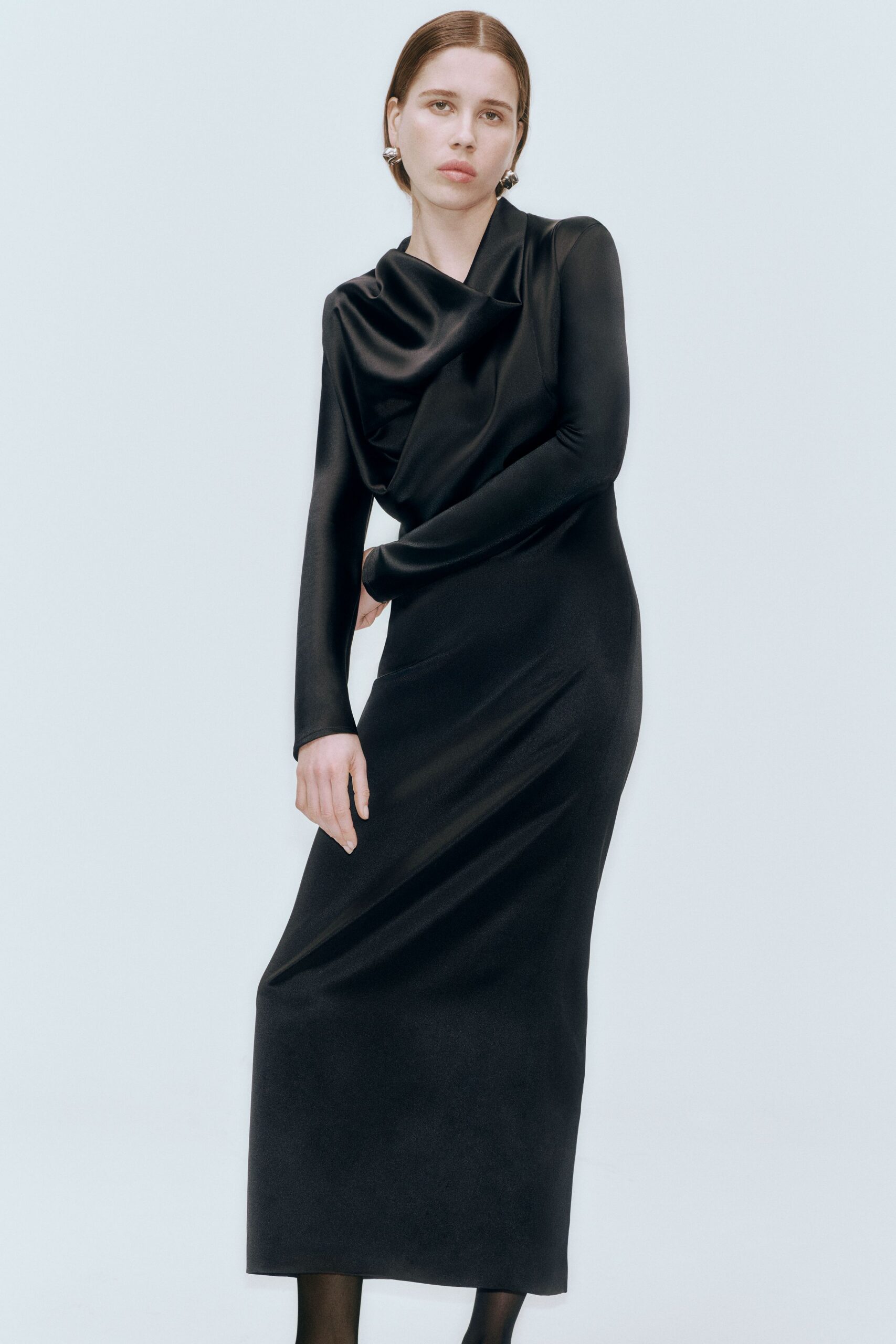 black silk long-sleeve dress