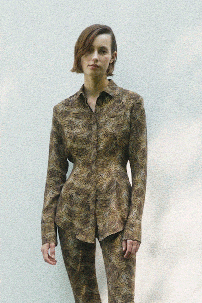 brown cotton long-sleeve collared fitted printed shirt