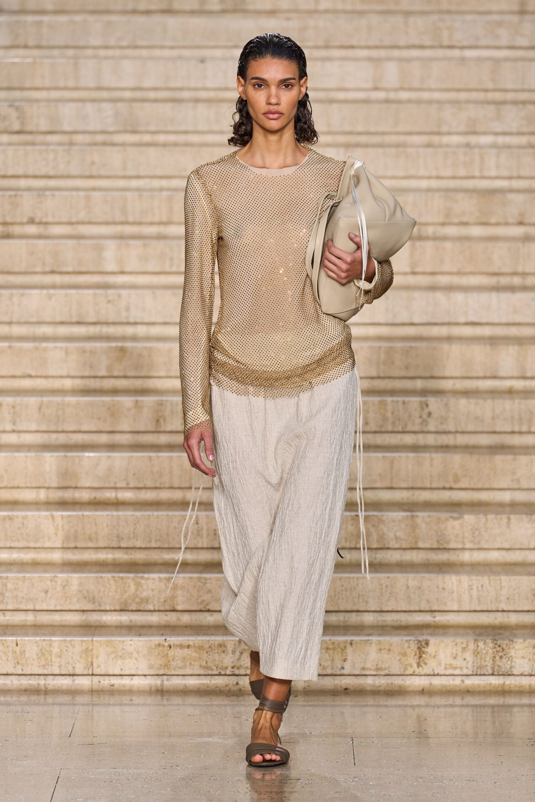 gold mesh long-sleeve v-neck fitted textured sheer top
