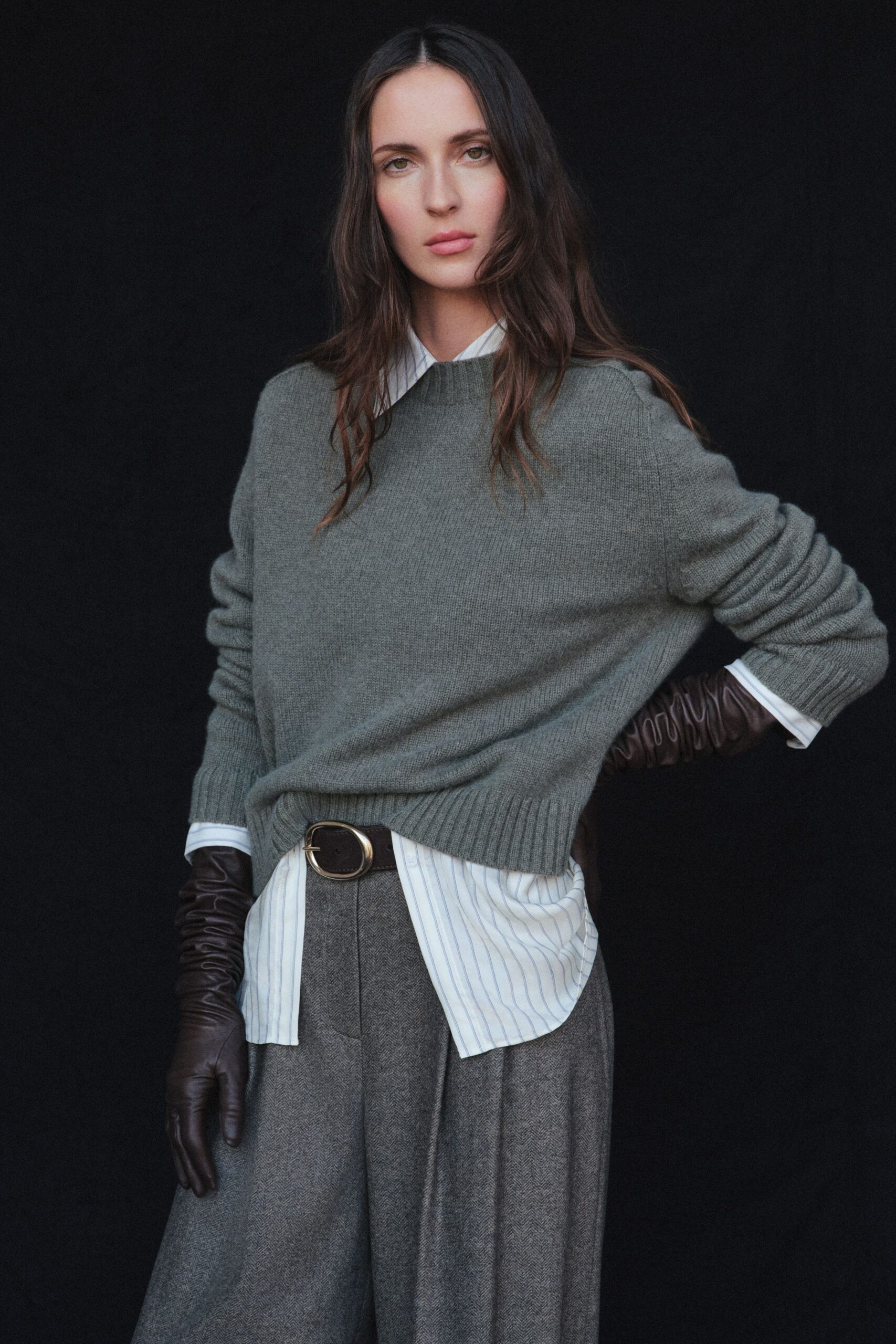 gray wool relaxed sweater with shirt