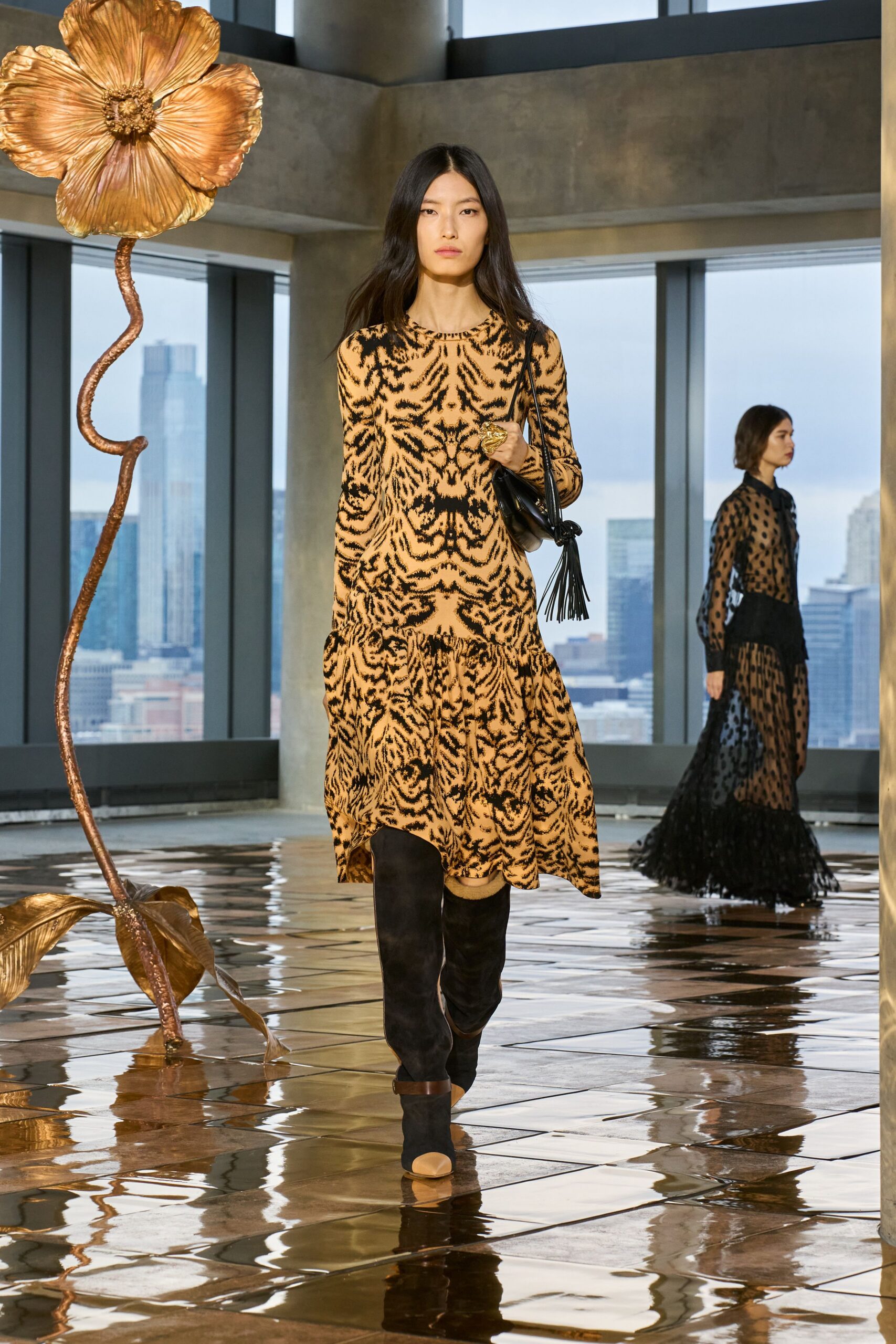 brown silk long-sleeve v-neck fitted printed tiered dress