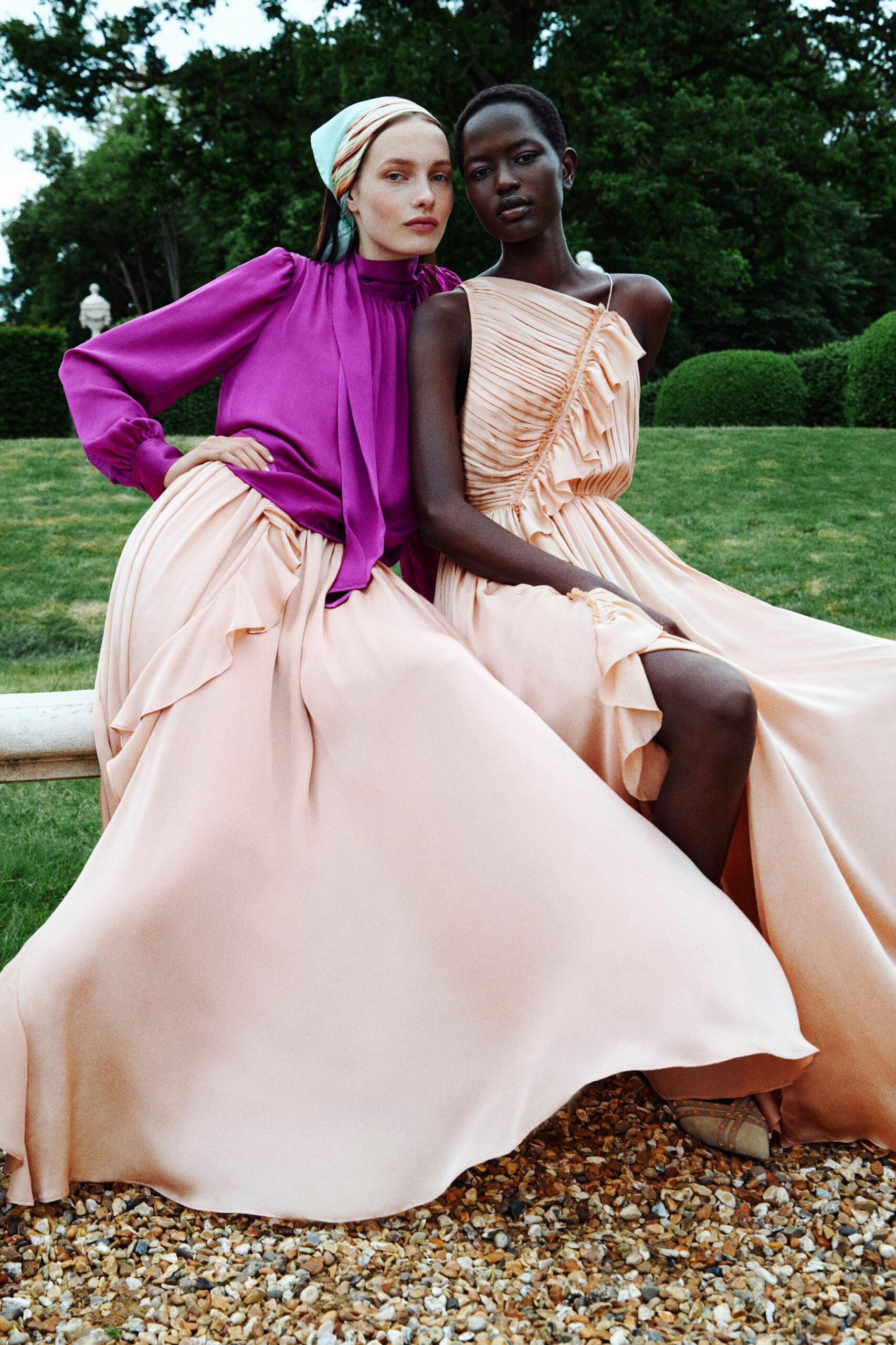 purple silk blouse and pink dress