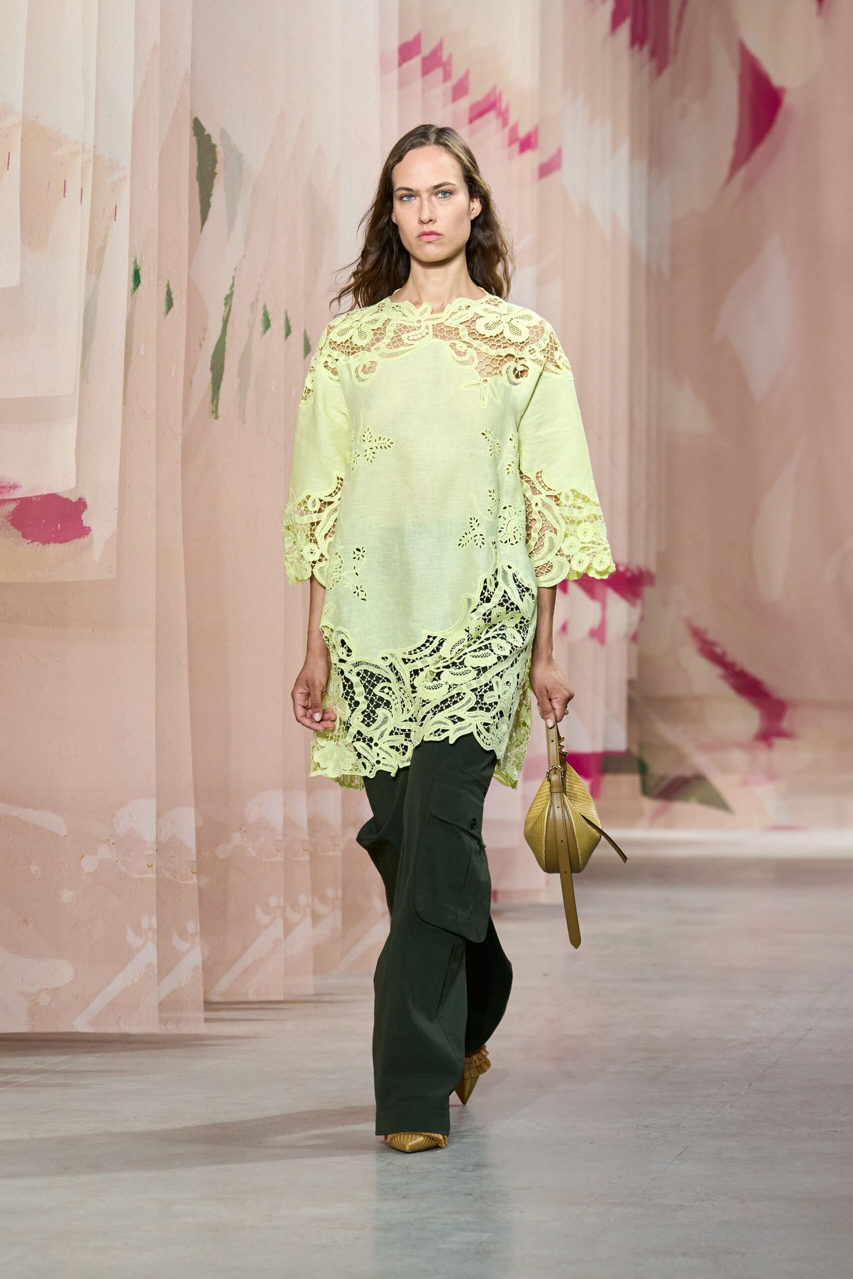 yellow cotton long-sleeve collared relaxed embroidered top