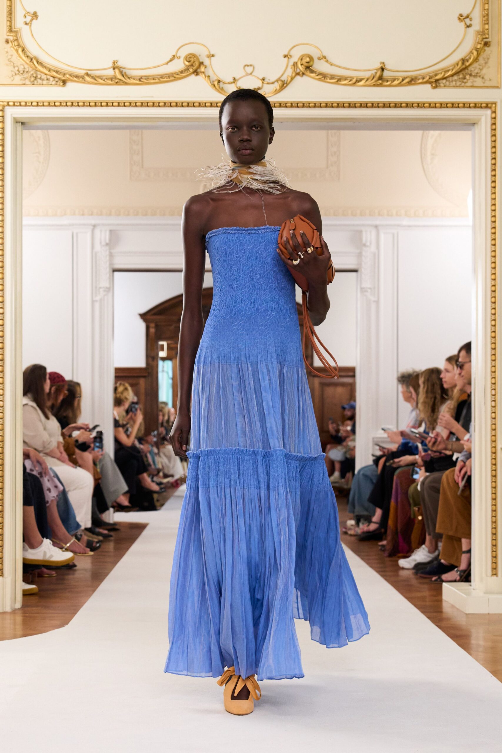 blue chiffon strapless fitted tiered flowing maxi gown