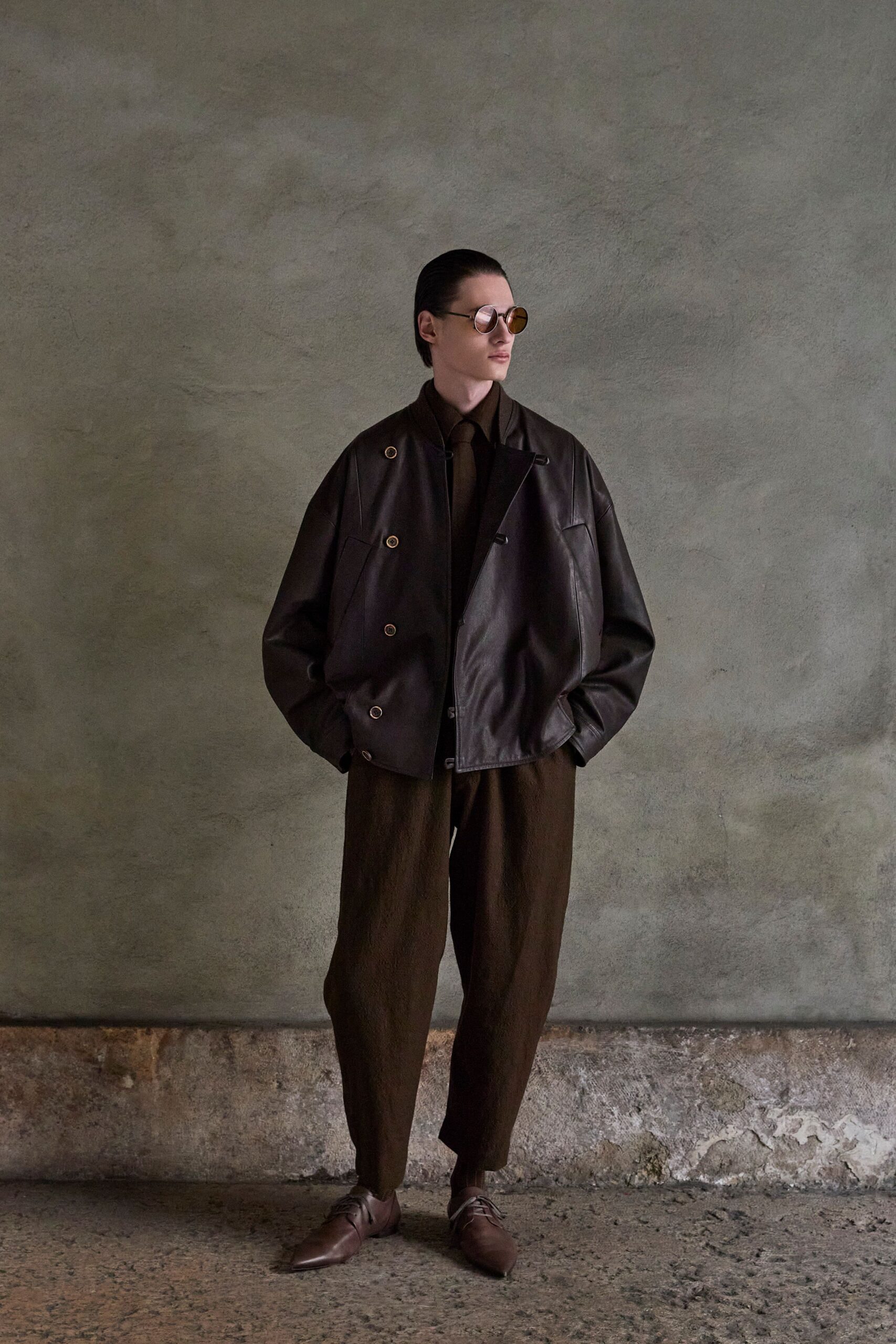 brown leather long-sleeve collared relaxed buttoned jacket
