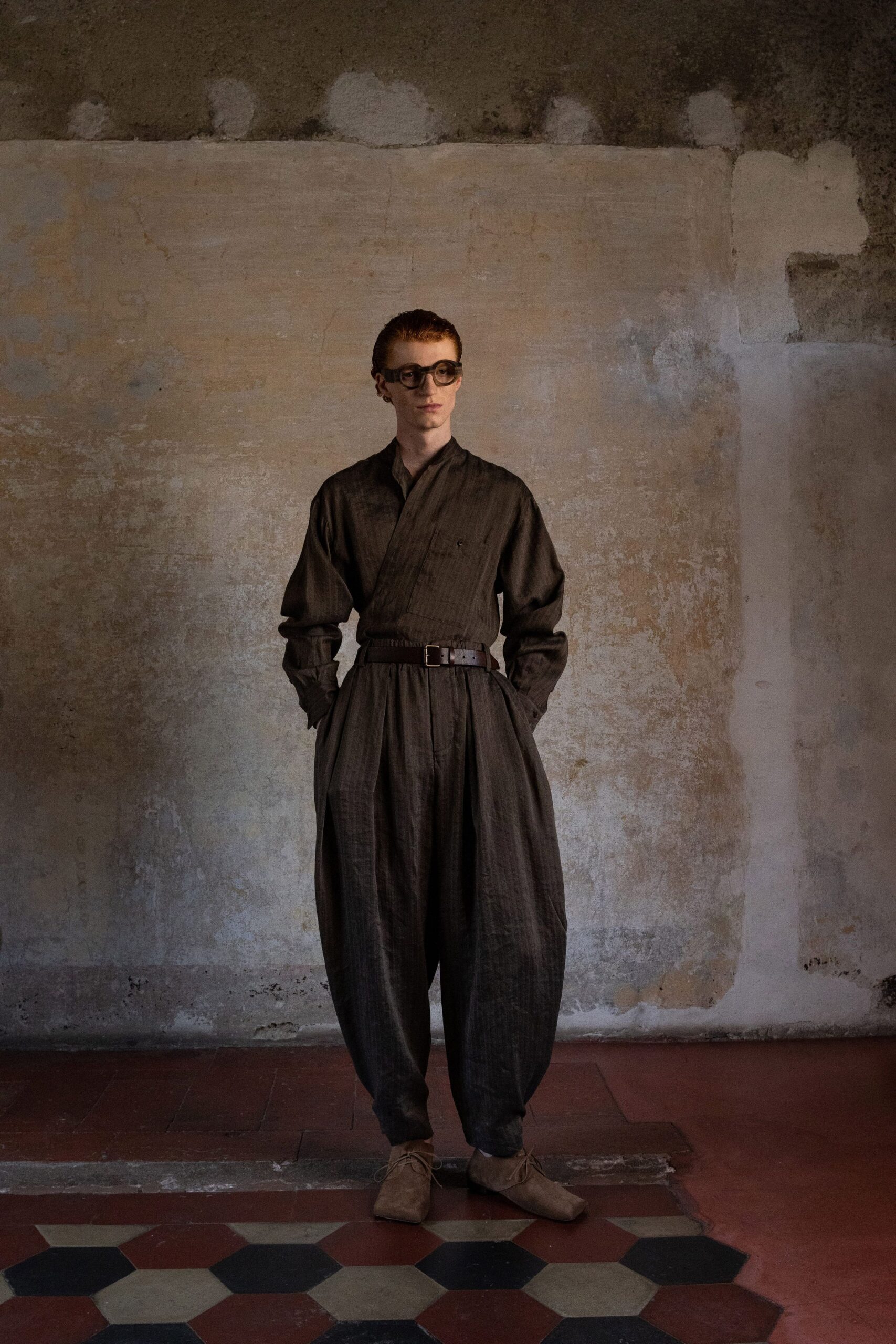 brown cotton long-sleeve collared relaxed belted pleated jumpsuit