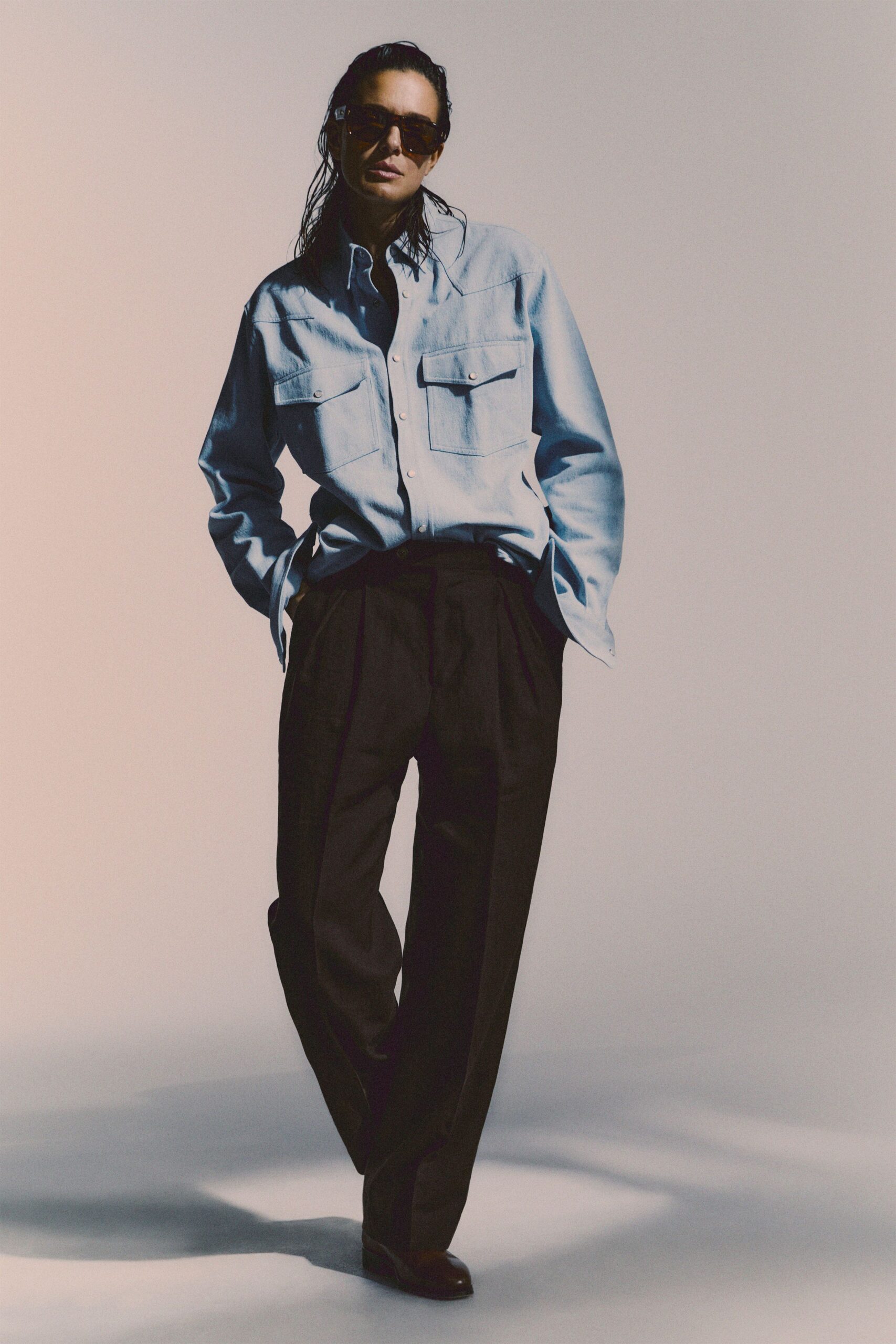 blue denim shirt black pants