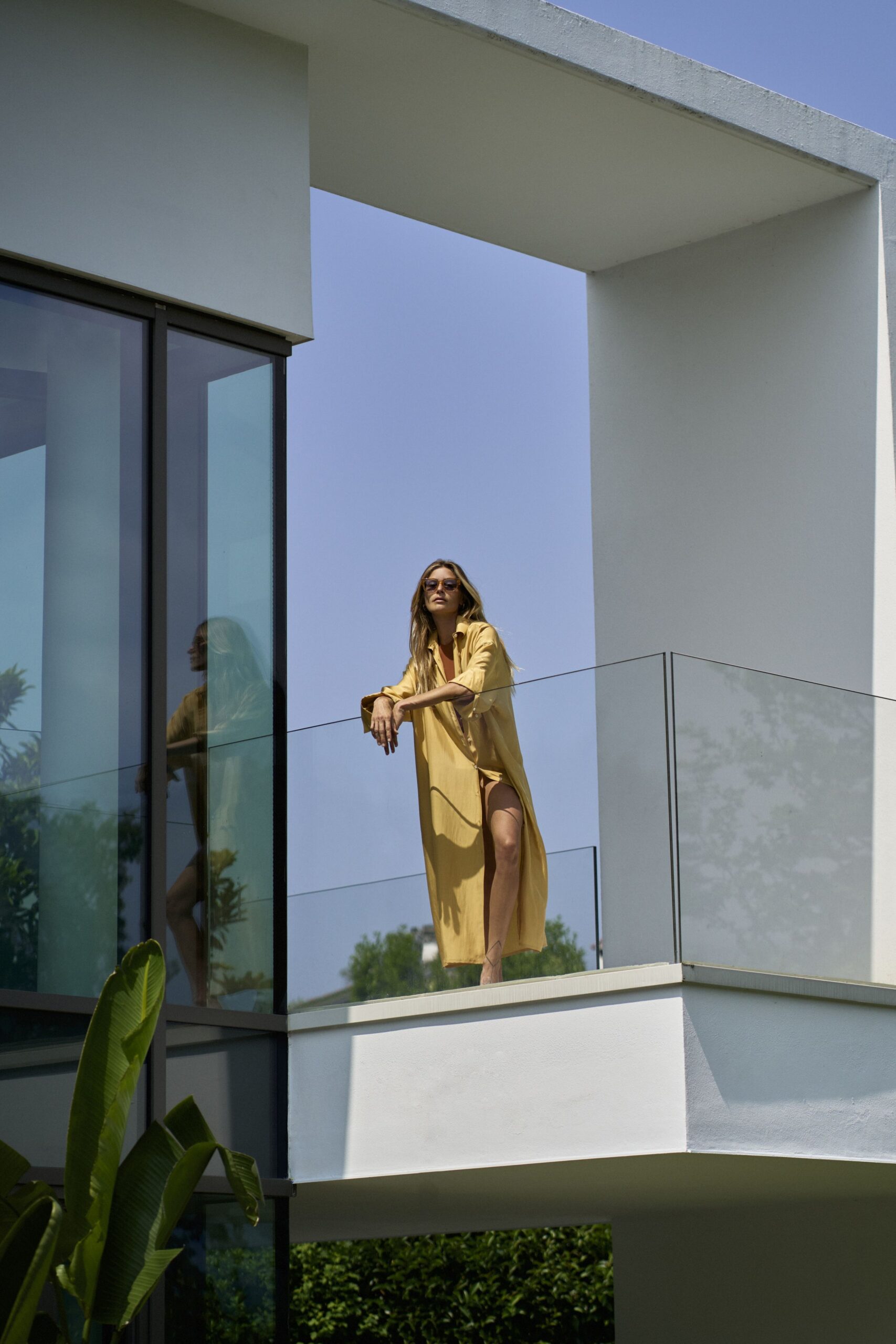 yellow silk long-sleeve v-neck relaxed flowing midi dress