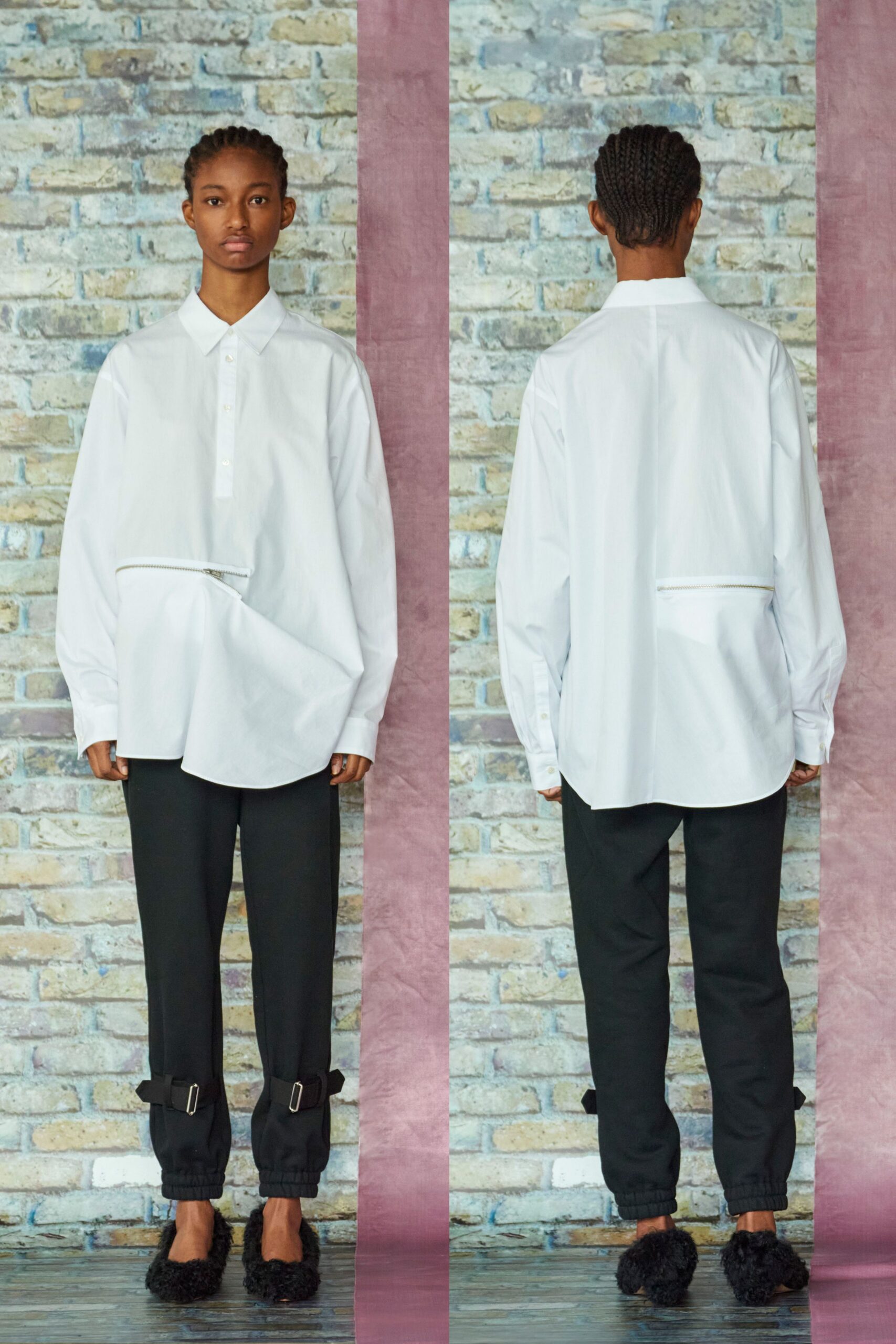 white relaxed shirt with black pants