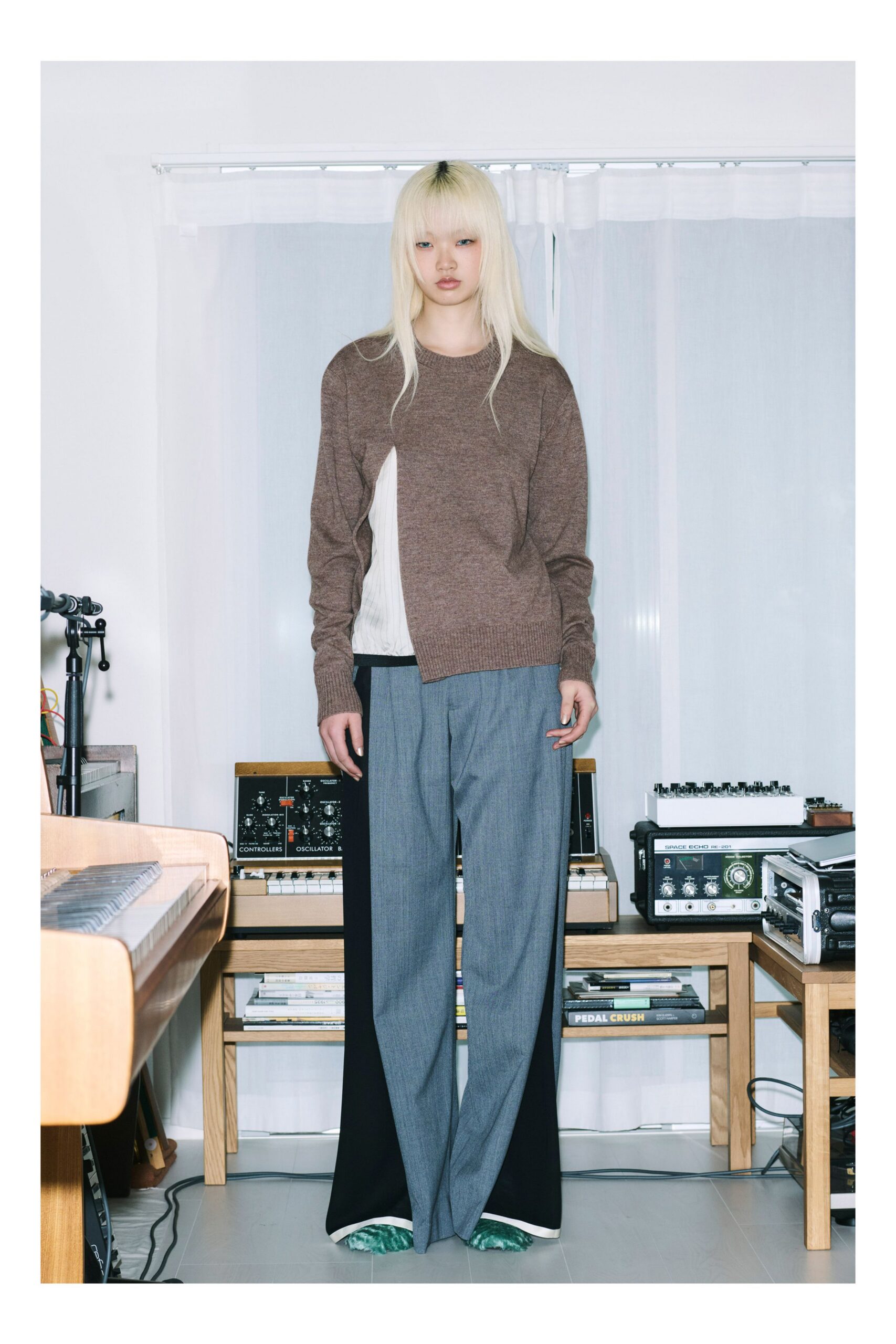 brown wool relaxed sweater and gray tailored pants