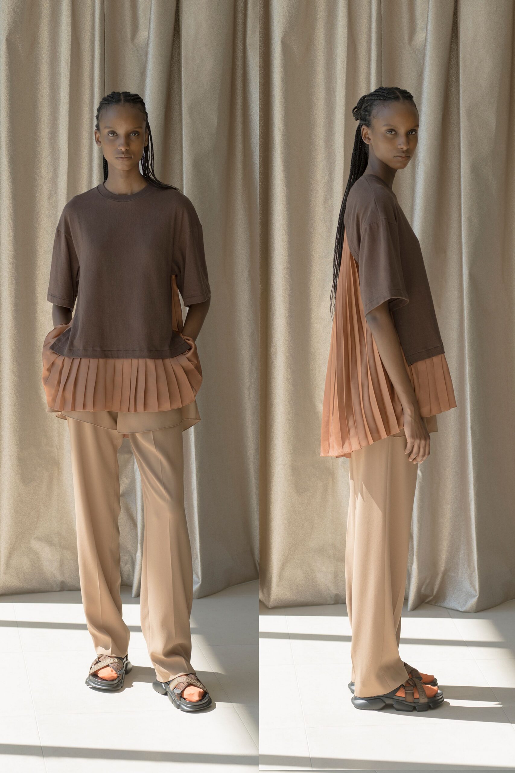 brown pleated top beige pants