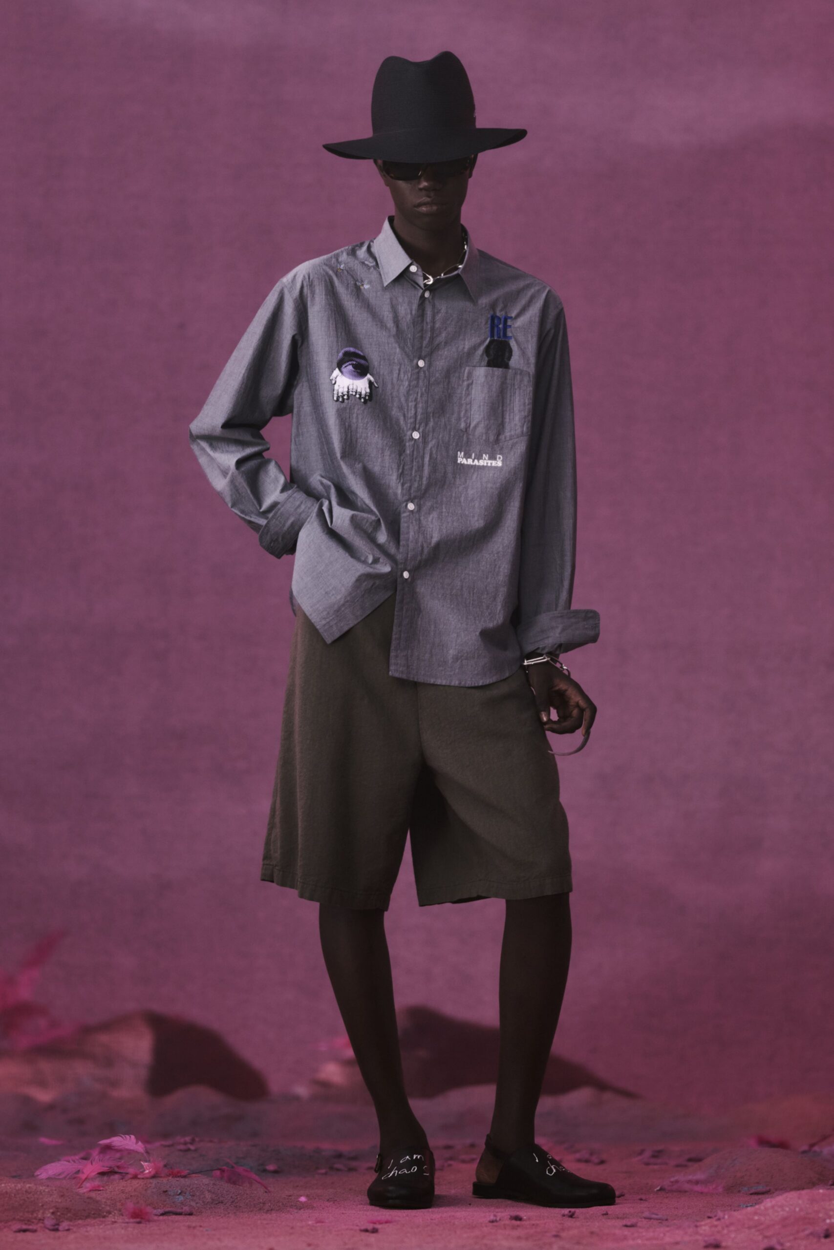 gray cotton long-sleeve collared relaxed embroidered shirt