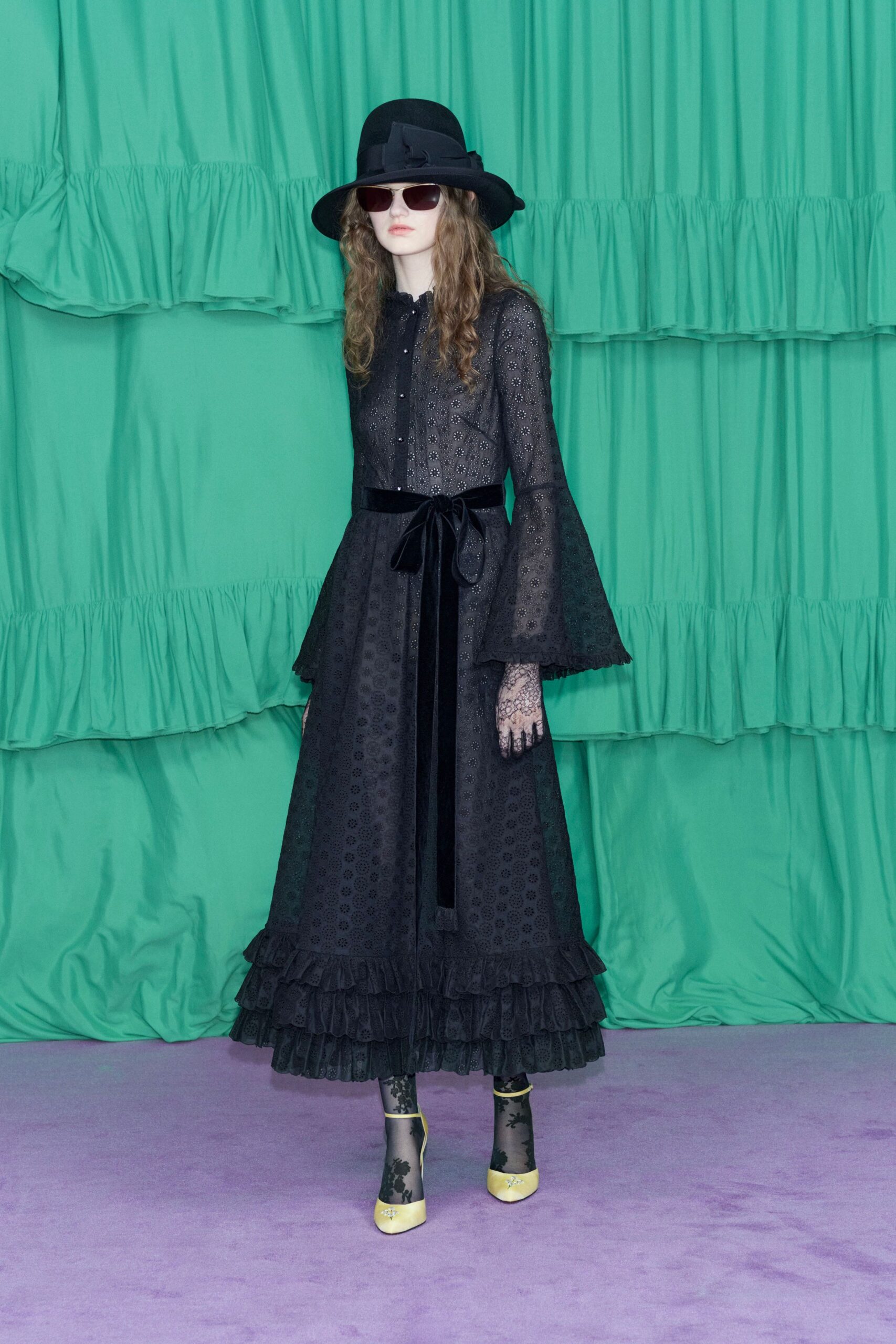 black lace long-sleeve collared fitted tiered ruffled dress