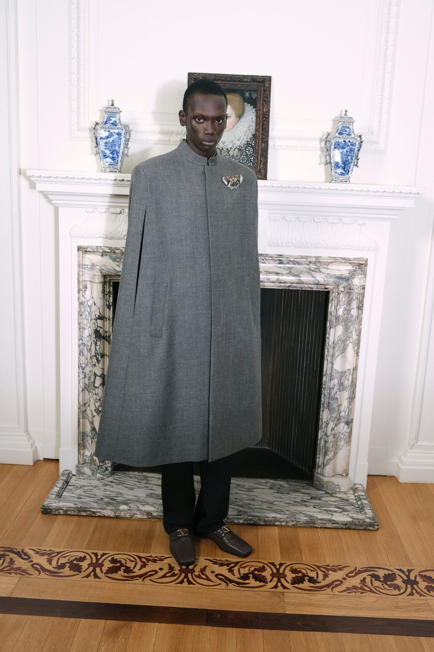 gray wool long-sleeve structured buttoned cape